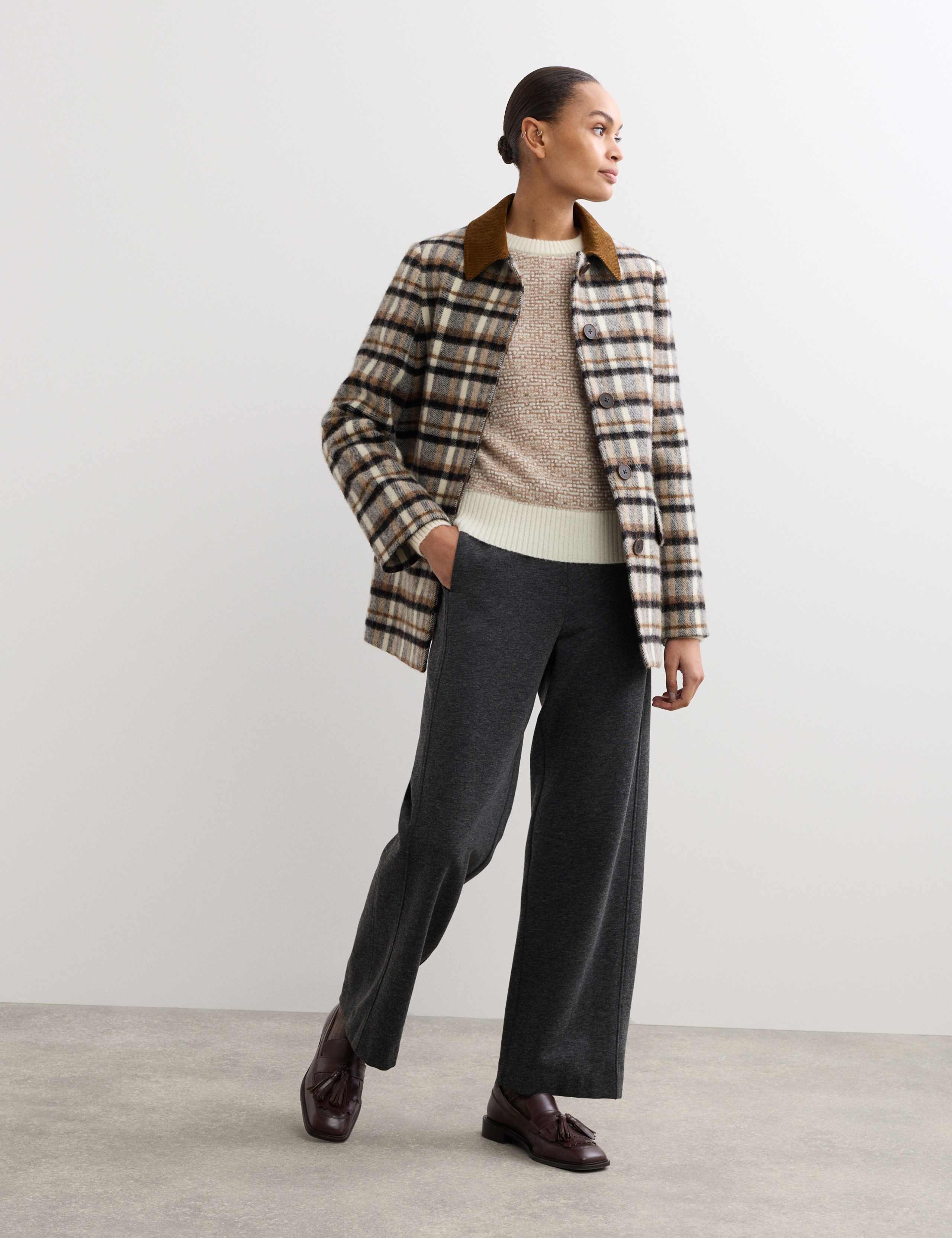 Pure Wool Checked Cord Collar Short Jacket 1 of 7