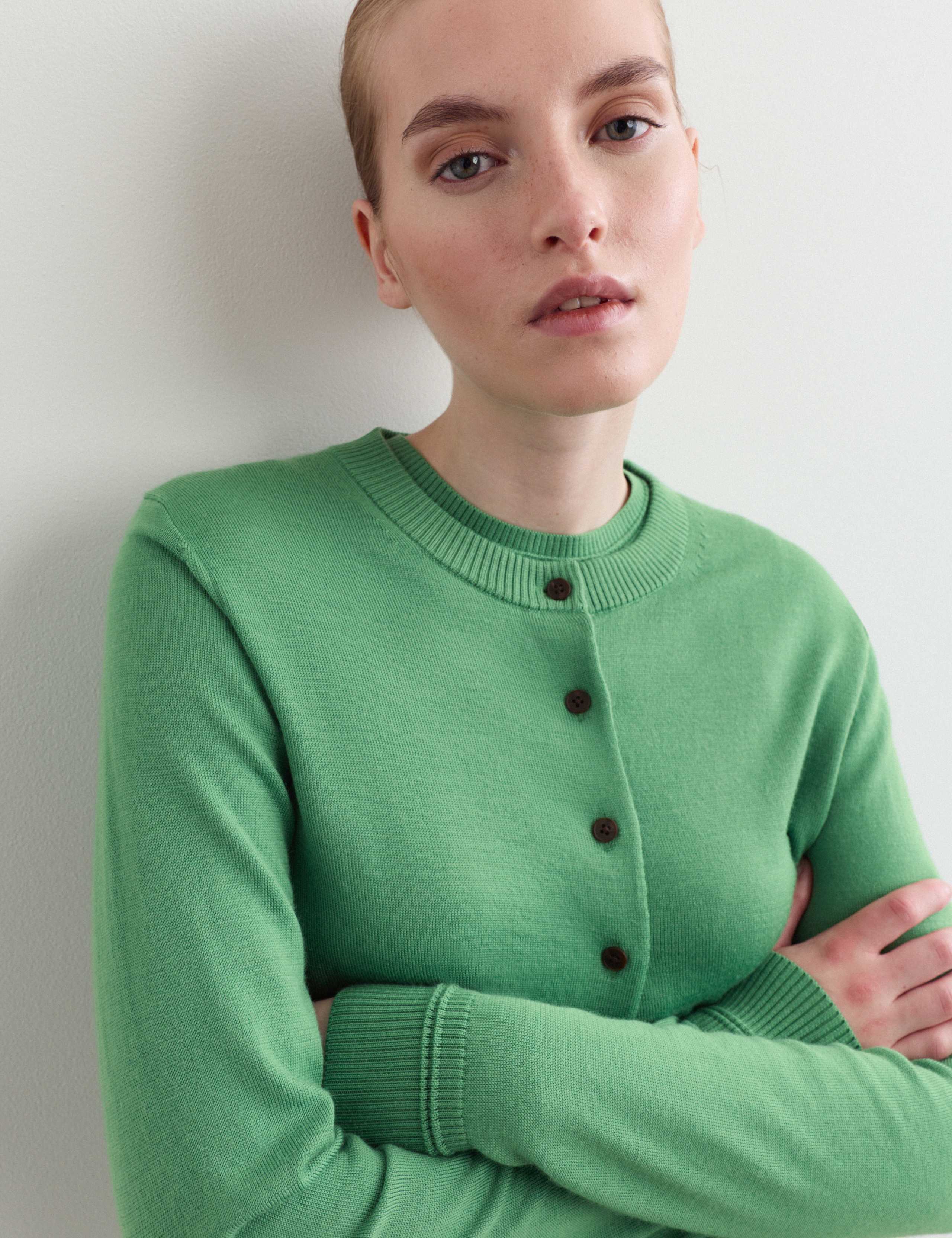 Merino Wool With Silk Crew Neck Cardigan 1 of 7
