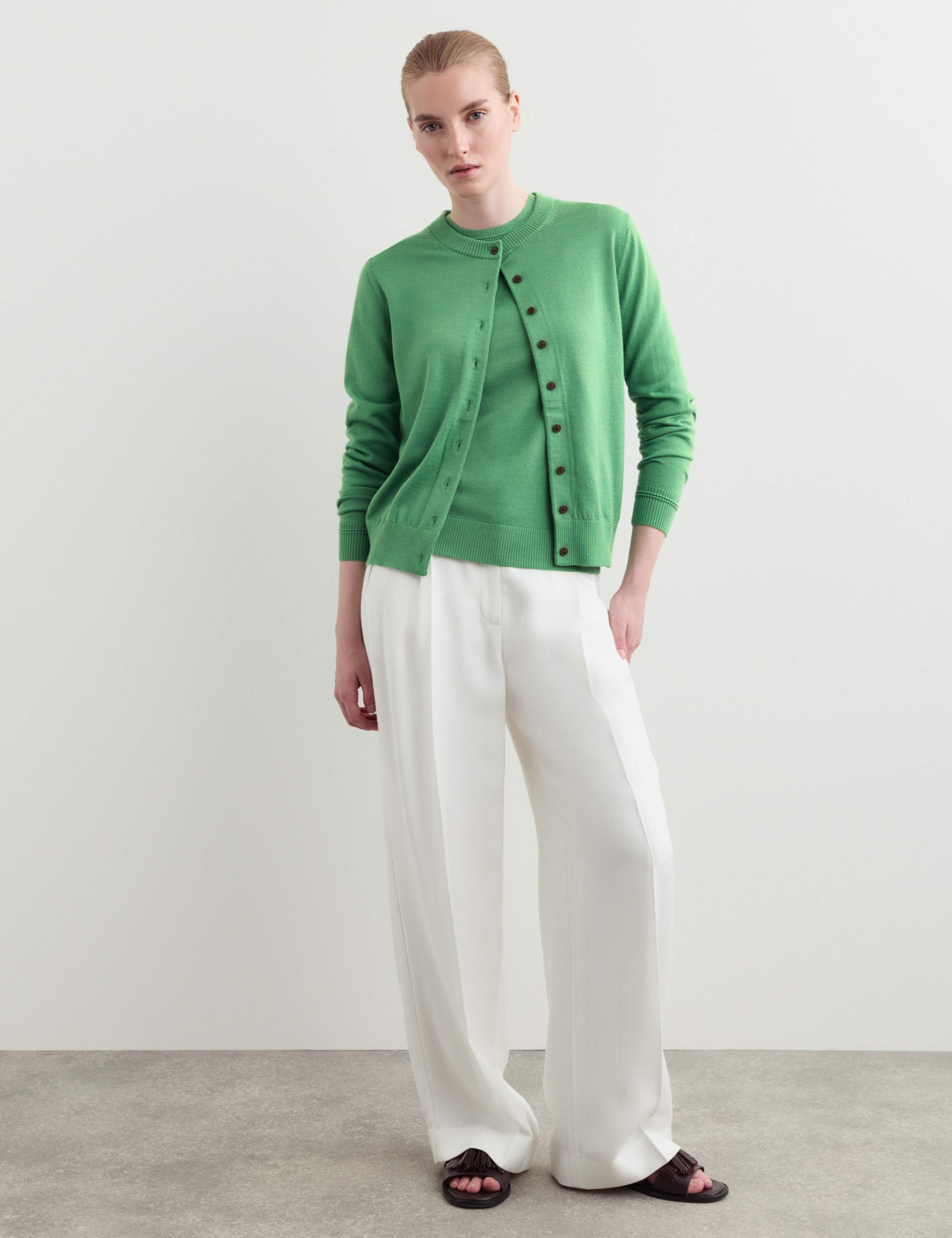 Merino Wool With Silk Crew Neck Cardigan 3 of 7
