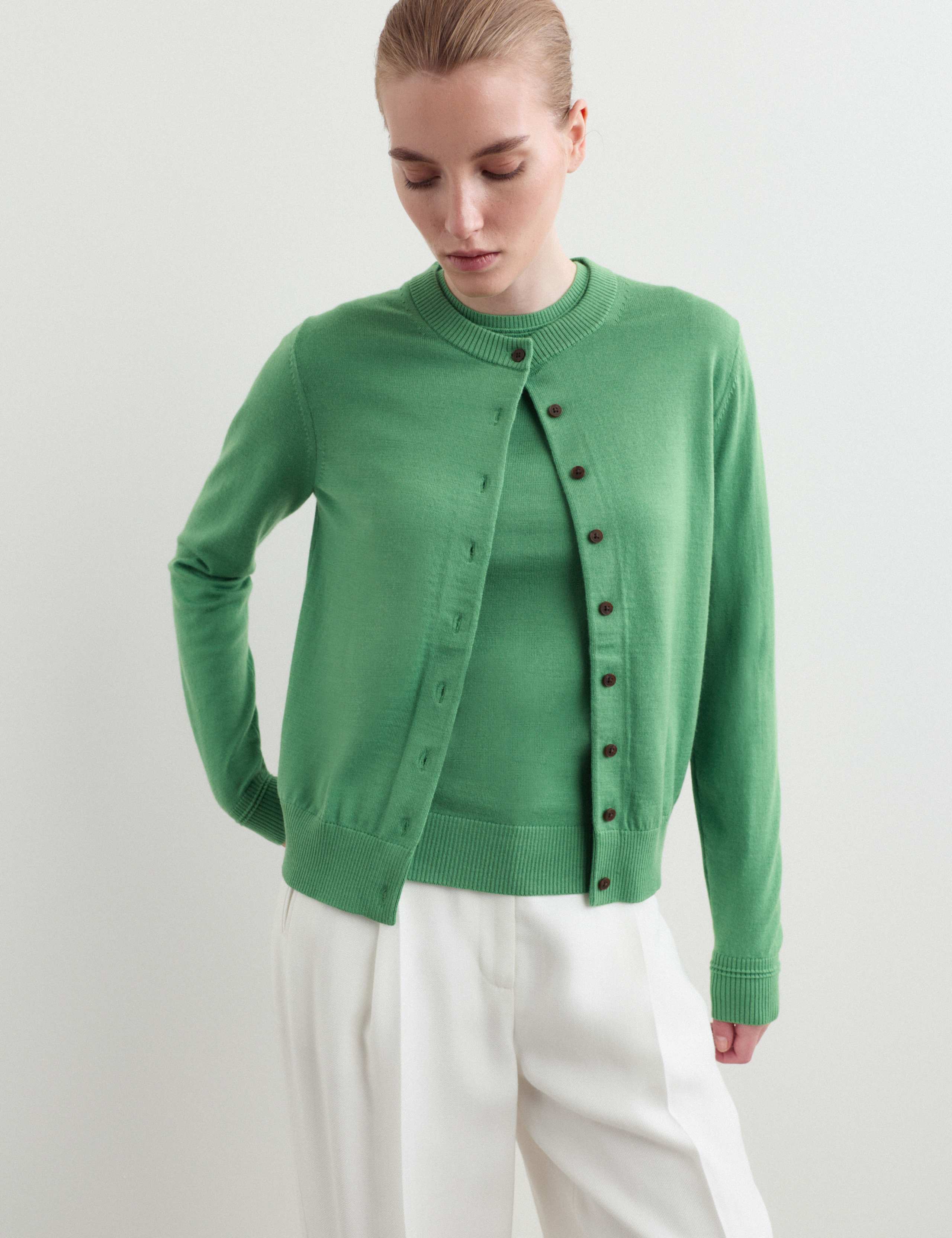 Merino Wool With Silk Crew Neck Cardigan 4 of 7