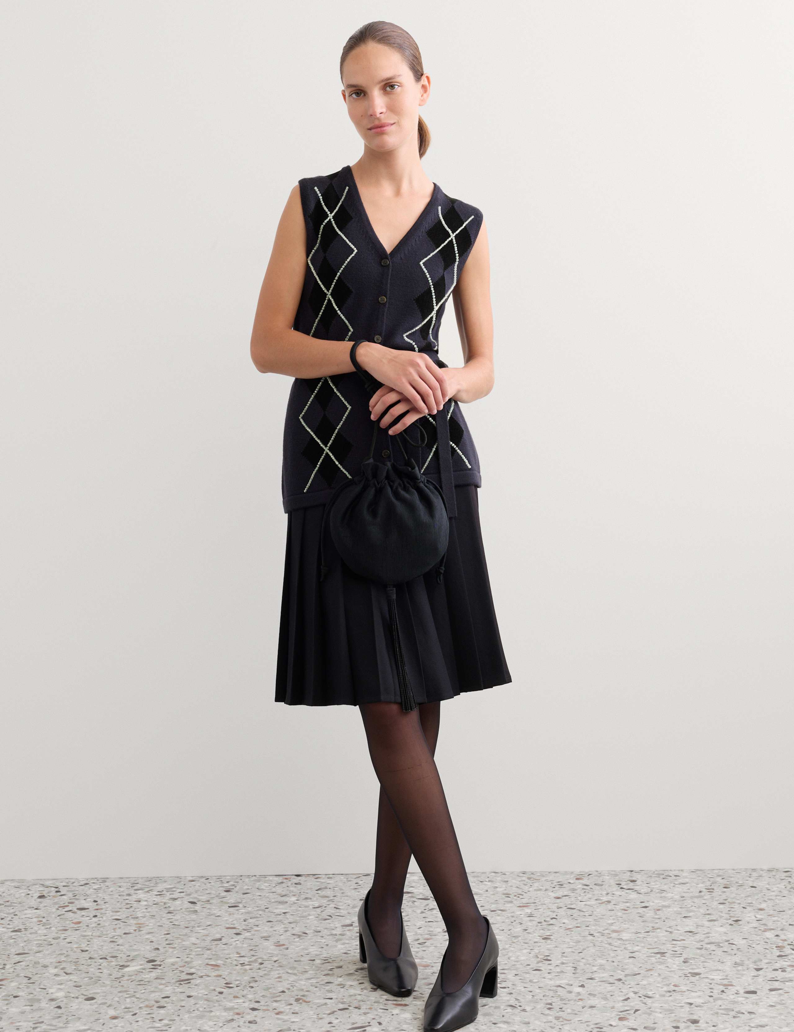Merino Wool Rich Beaded Argyle Knitted Vest 1 of 7