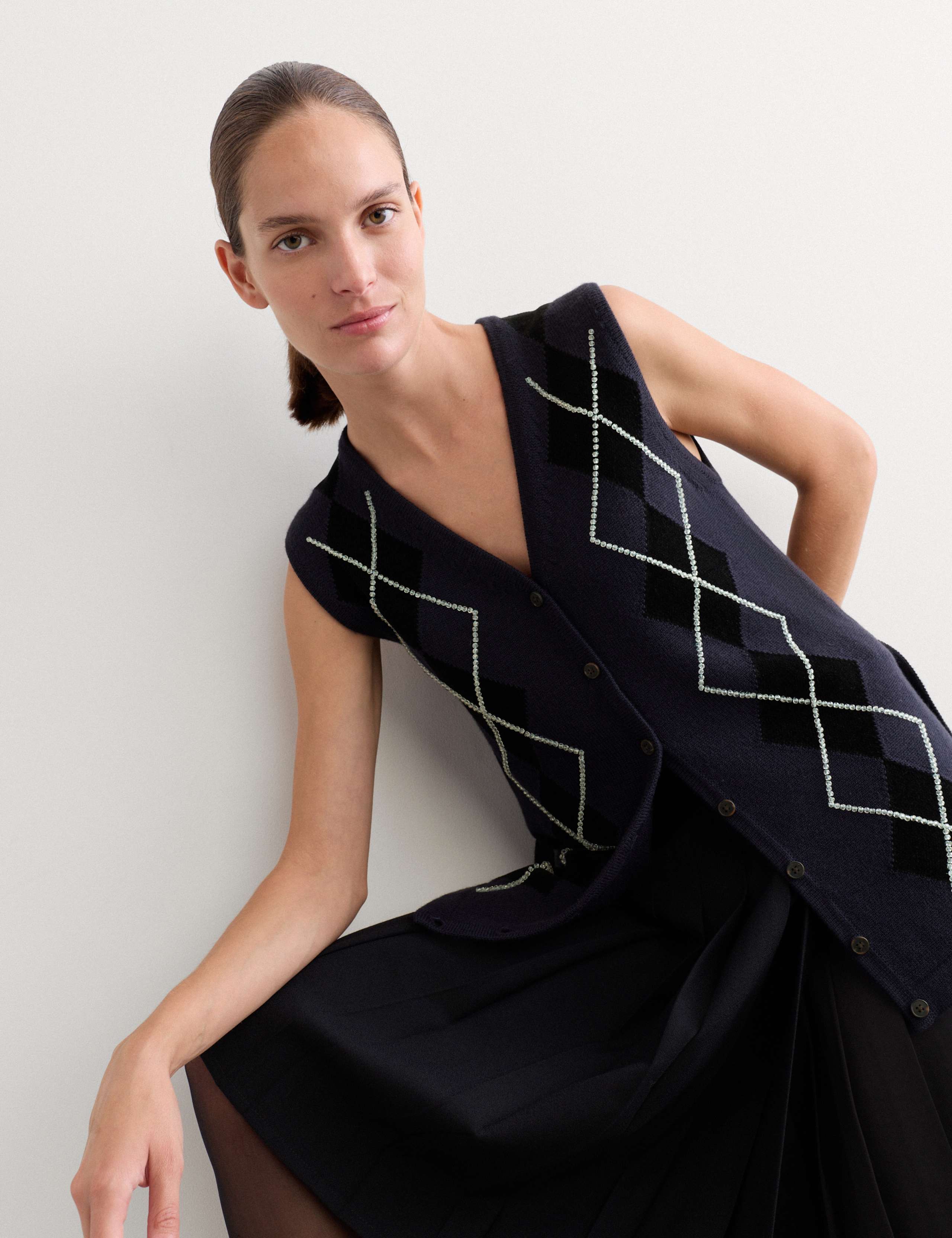 Merino Wool Rich Beaded Argyle Knitted Vest 7 of 7