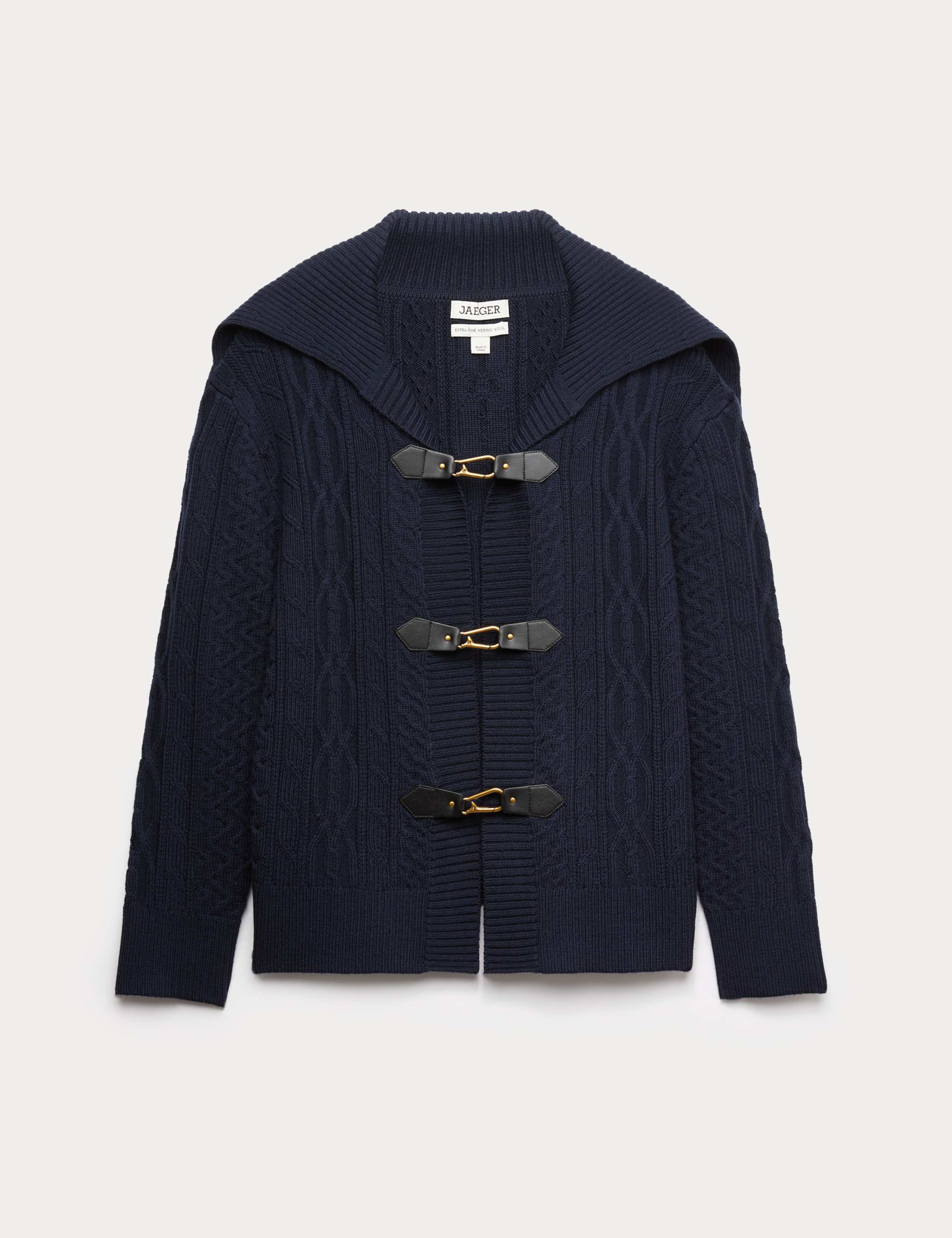 Merino Wool Rich Cable Knit Collared Cardig 2 of 7