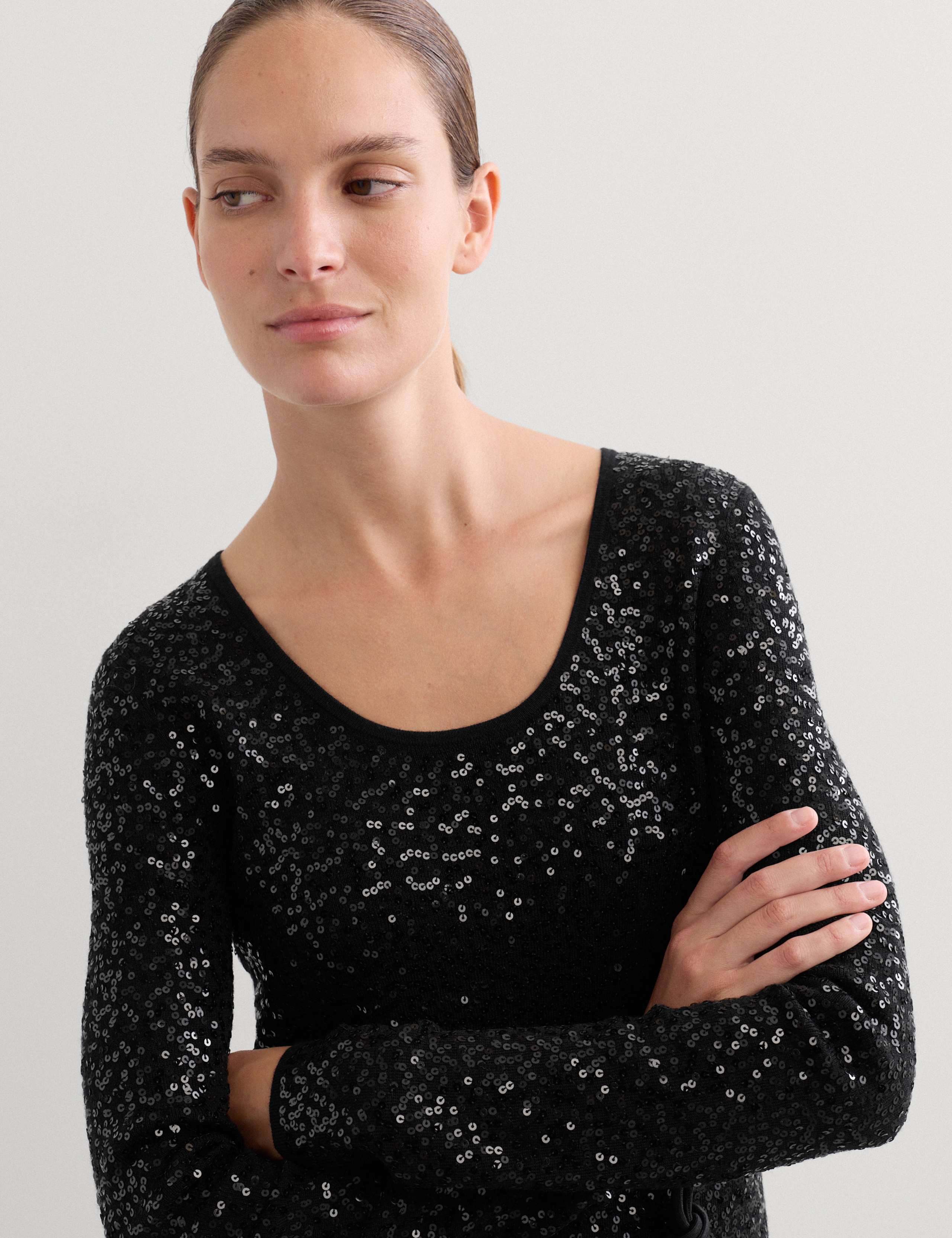 Pure Merino Wool Sequin Scoop Neck Knitted Top 3 of 6