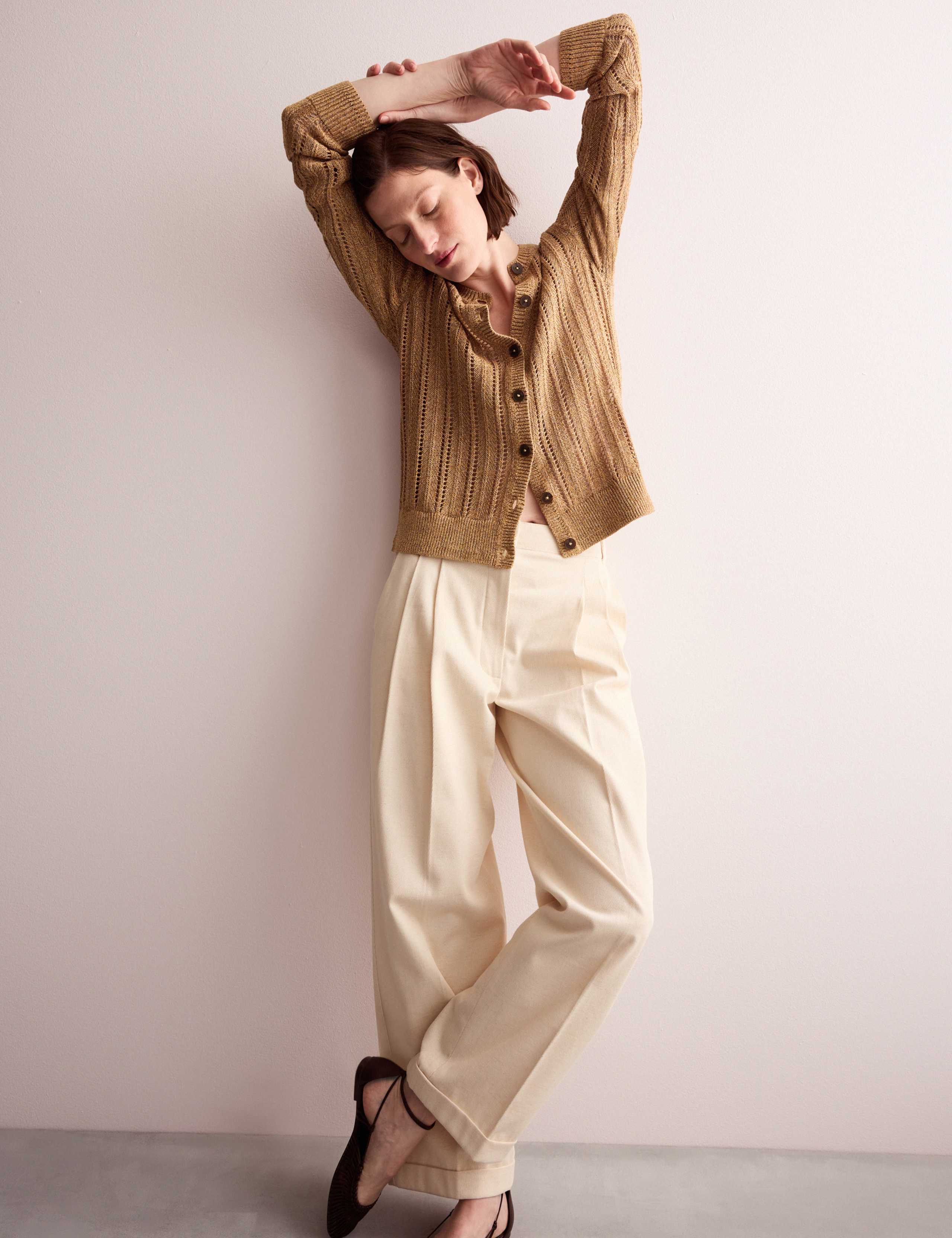 Linen Blend Open Knit Button Front Cardigan 3 of 9