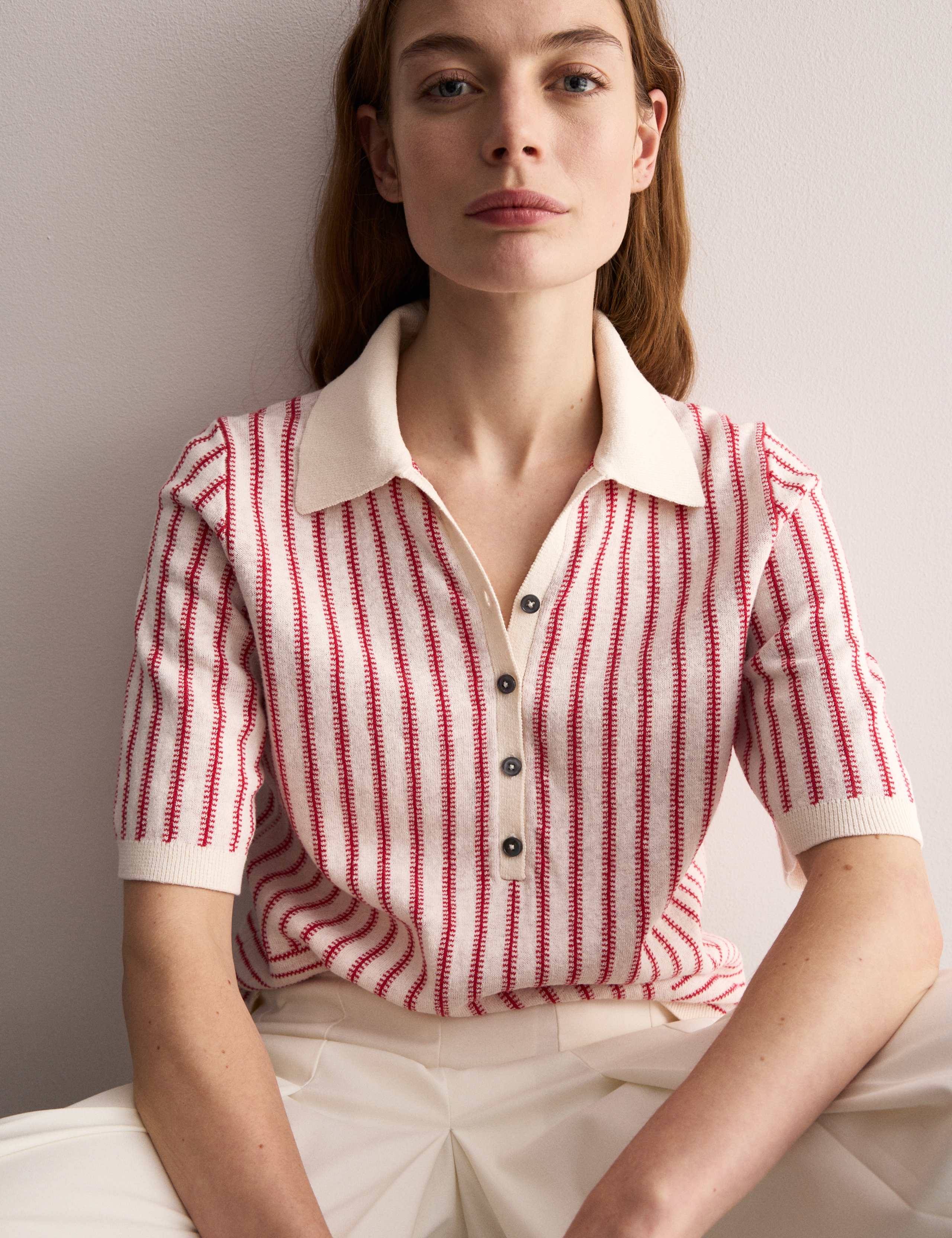 Linen Rich Striped Polo Neck Knitted Top 1 of 8