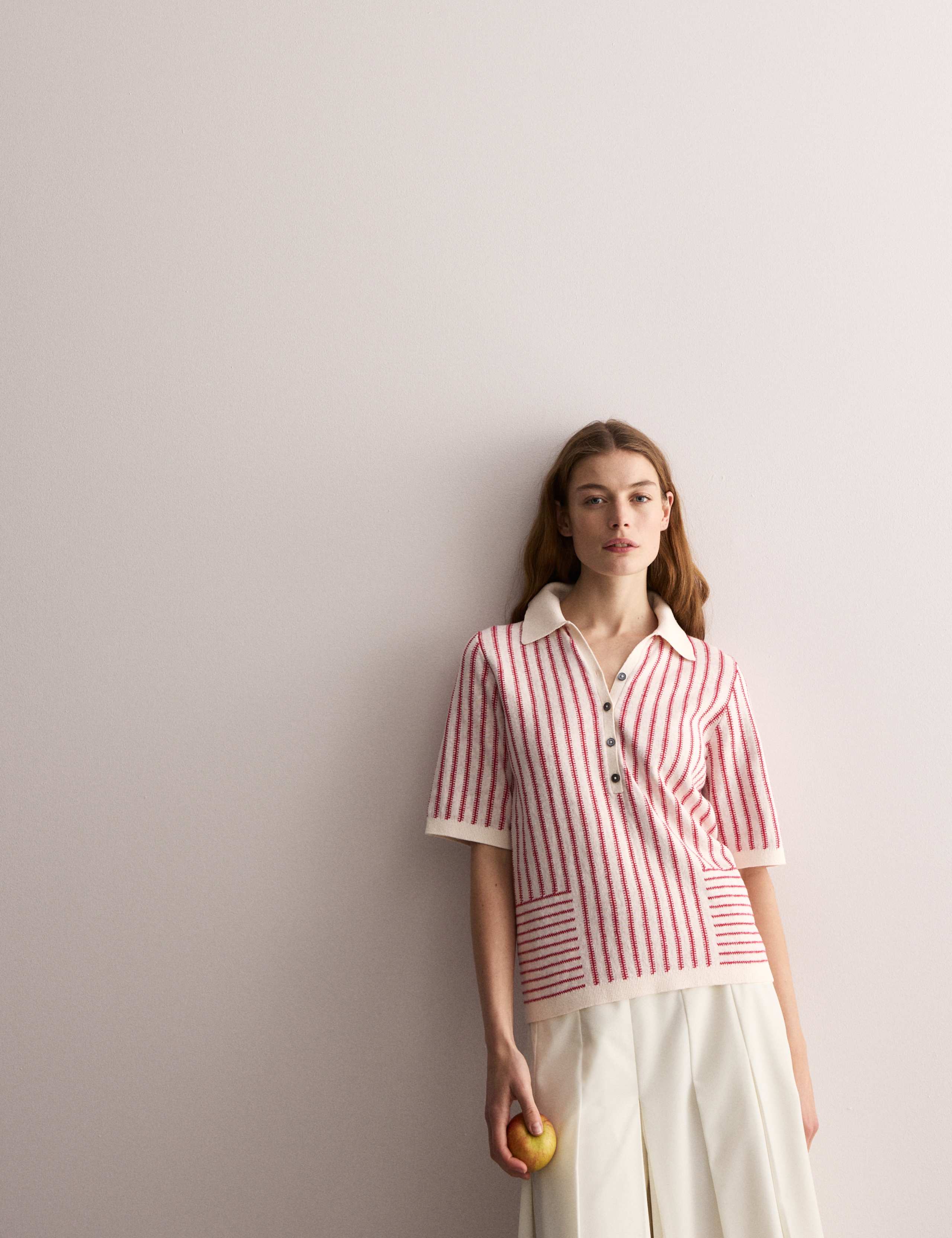 Linen Rich Striped Polo Neck Knitted Top 3 of 8