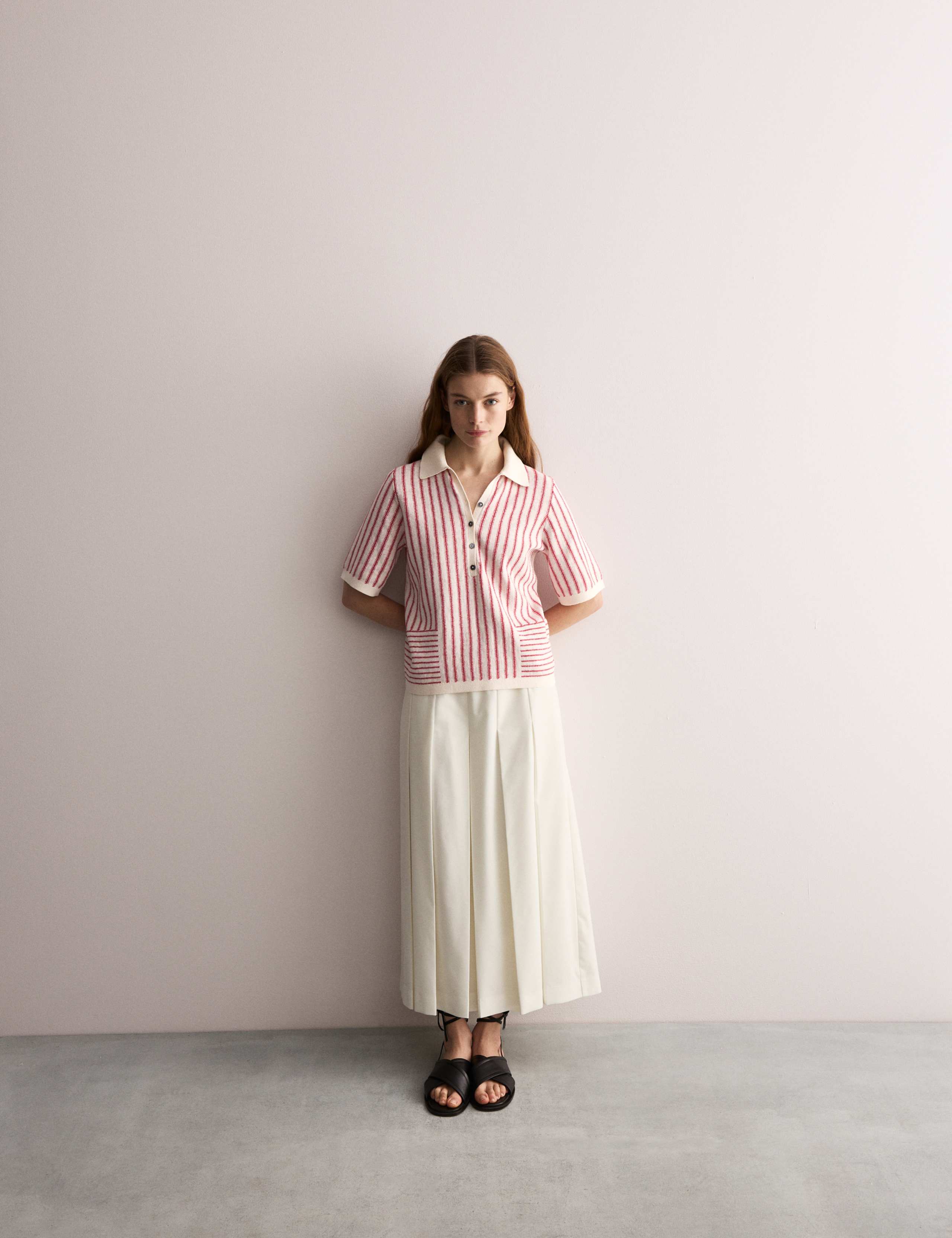 Linen Rich Striped Polo Neck Knitted Top 4 of 8