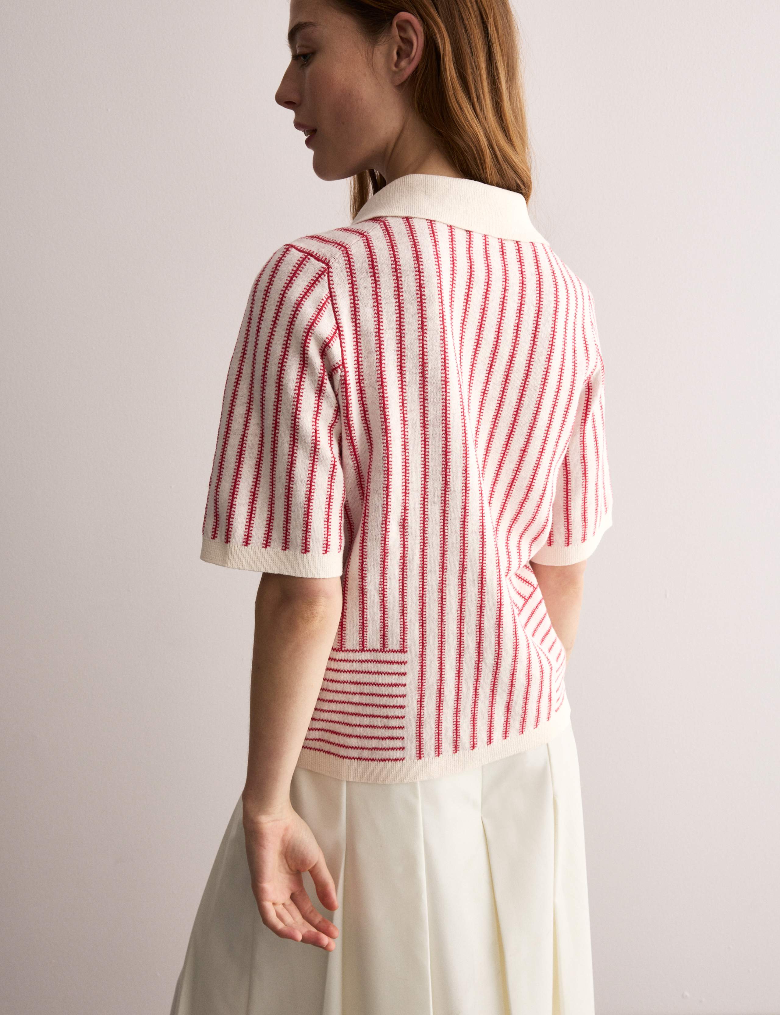 Linen Rich Striped Polo Neck Knitted Top 5 of 8