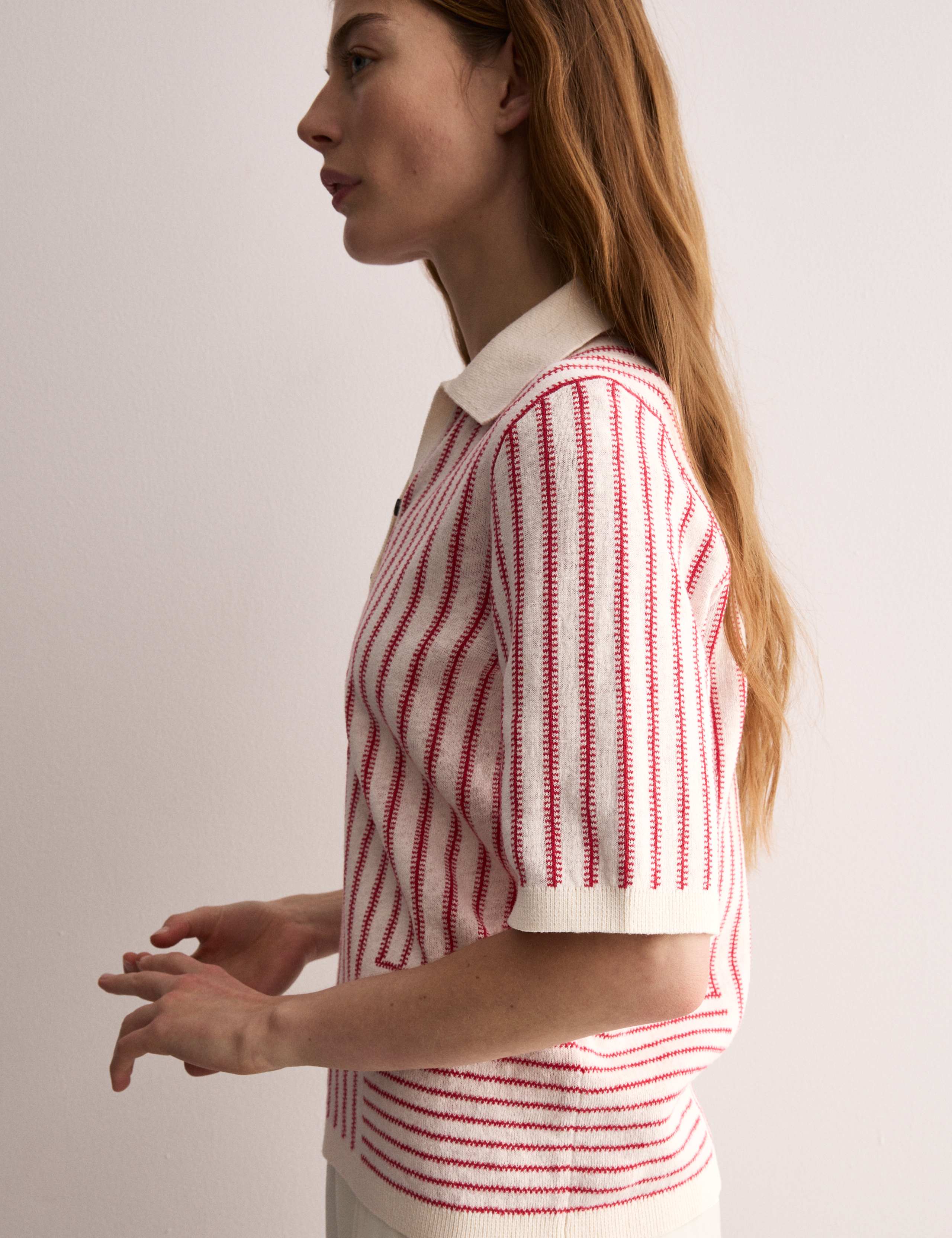Linen Rich Striped Polo Neck Knitted Top 7 of 8