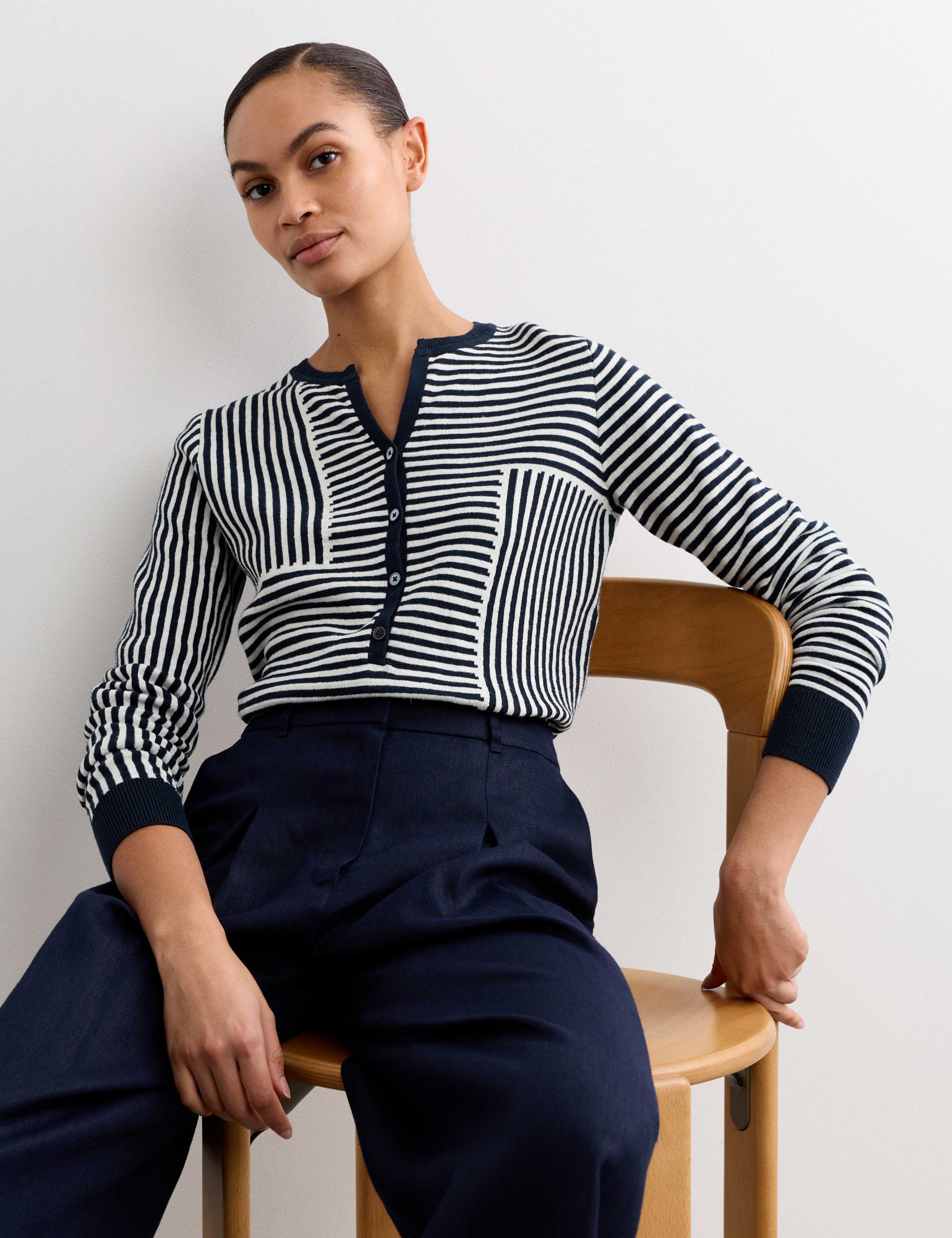 Linen Blend Striped V-Neck Button Jumper 3 of 7