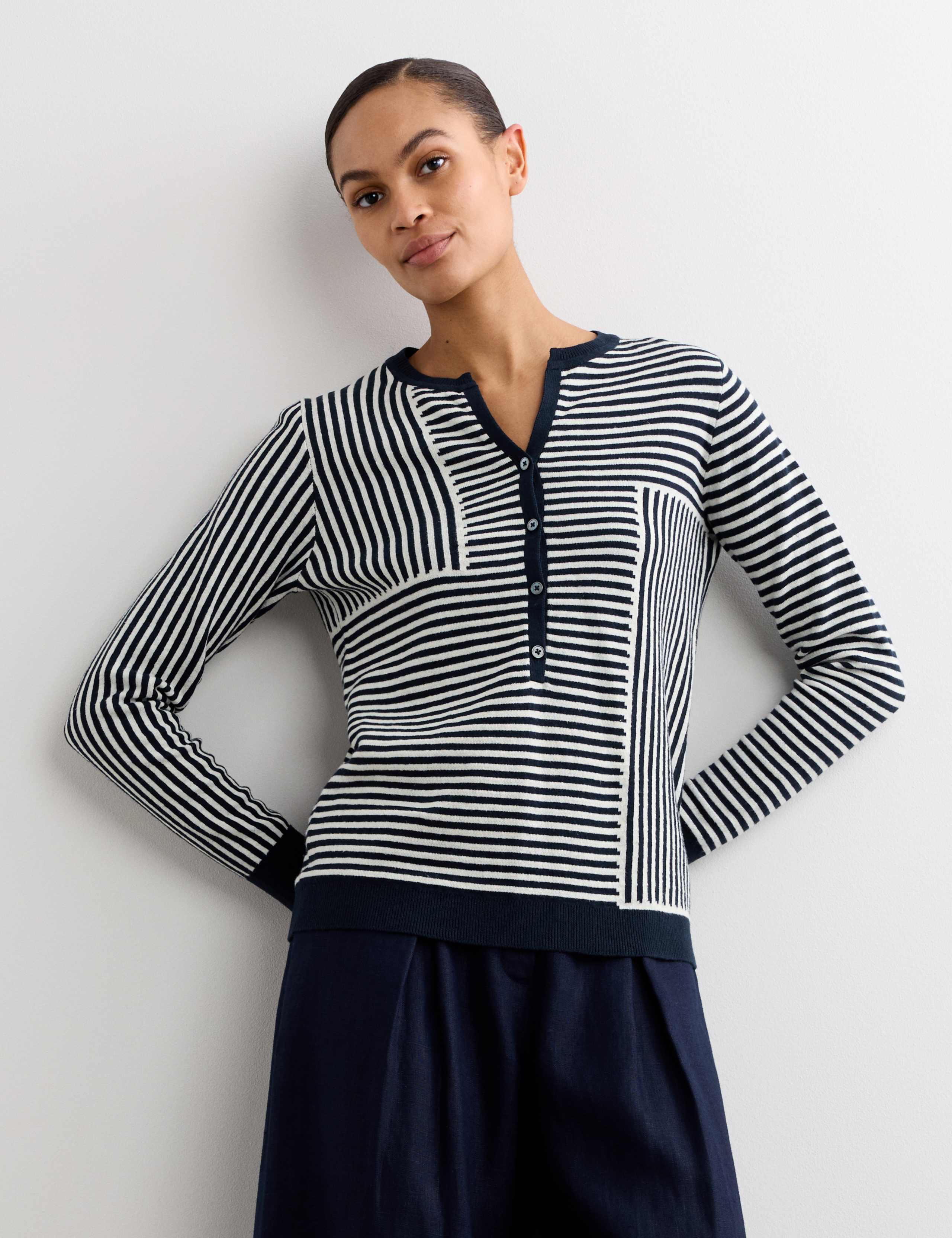 Linen Blend Striped V-Neck Button Jumper 5 of 7