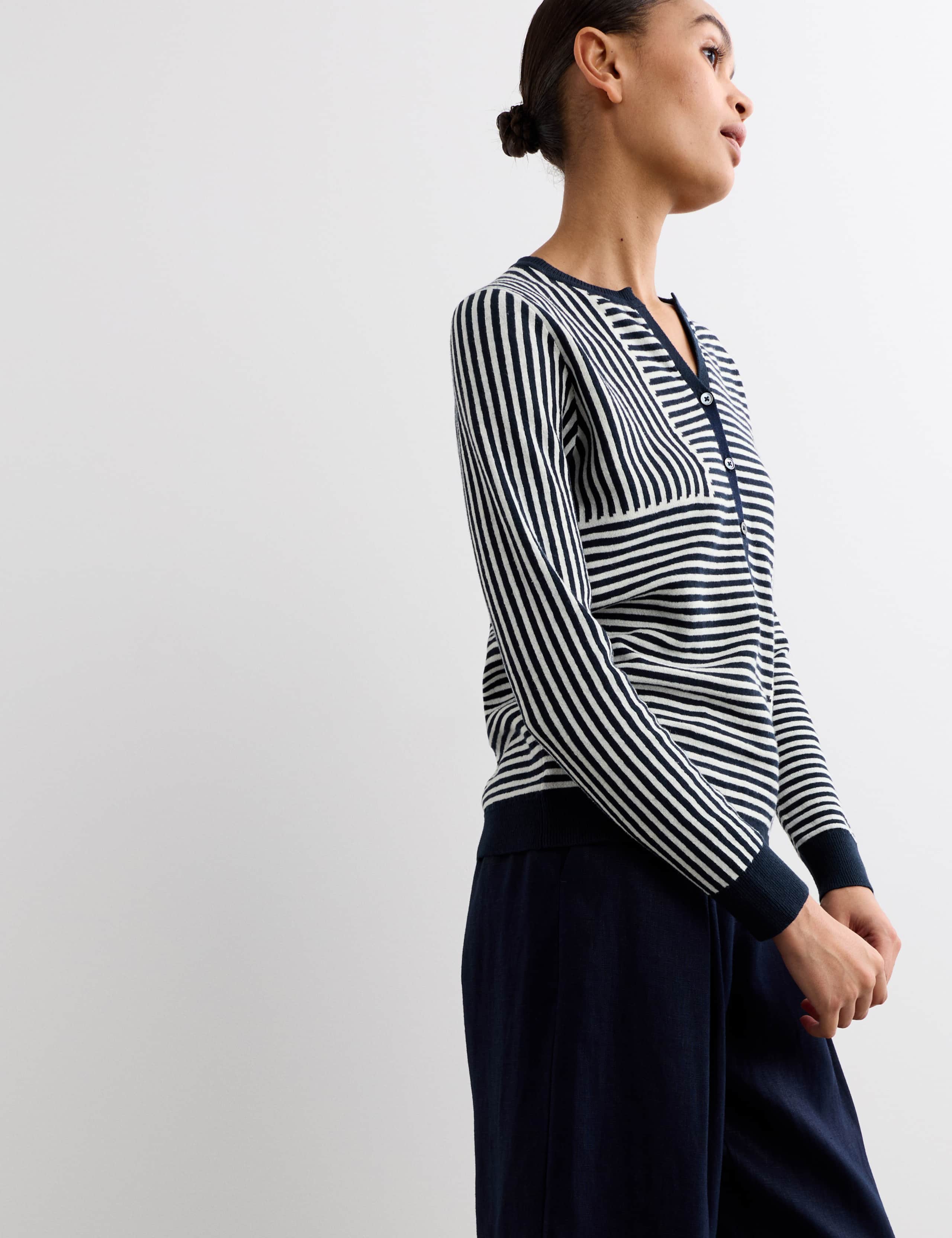 Linen Blend Striped V-Neck Button Jumper 6 of 7