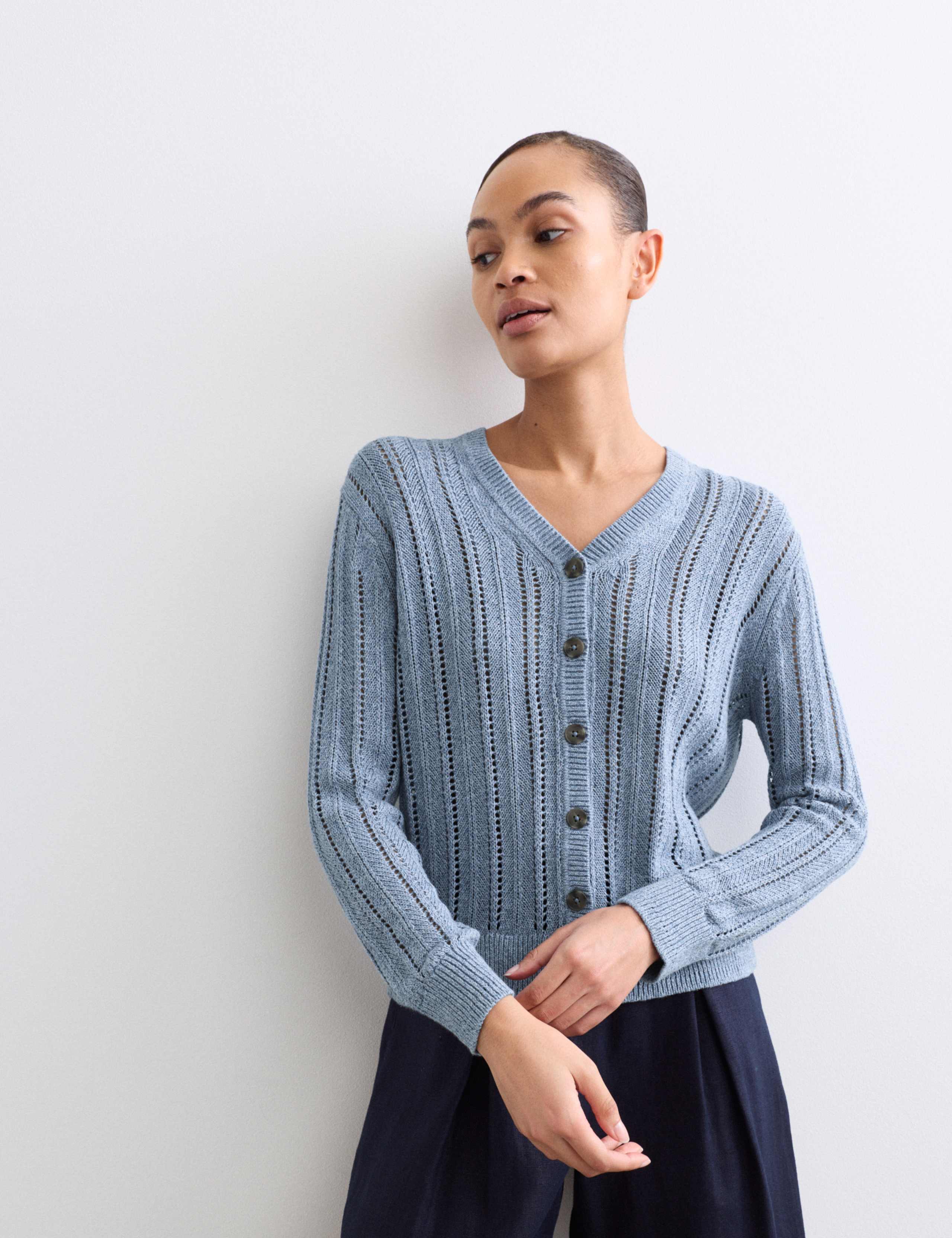 Cotton Rich Textured Open Knit V-Neck Cardigan 1 of 4