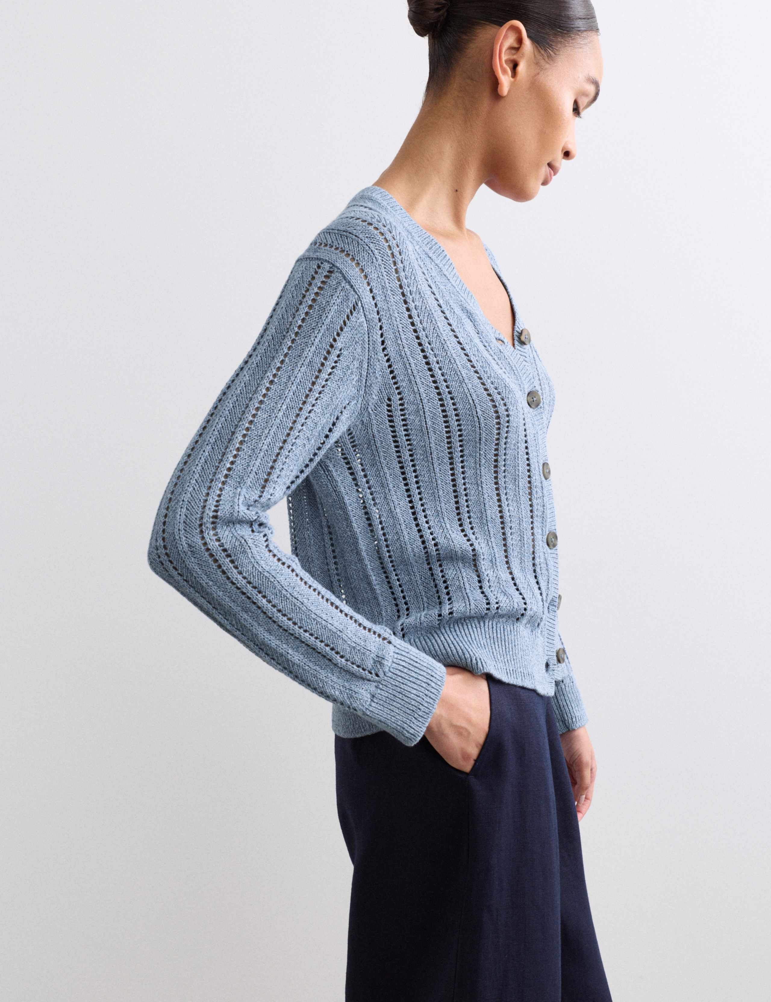 Cotton Rich Textured Open Knit V-Neck Cardigan 5 of 6