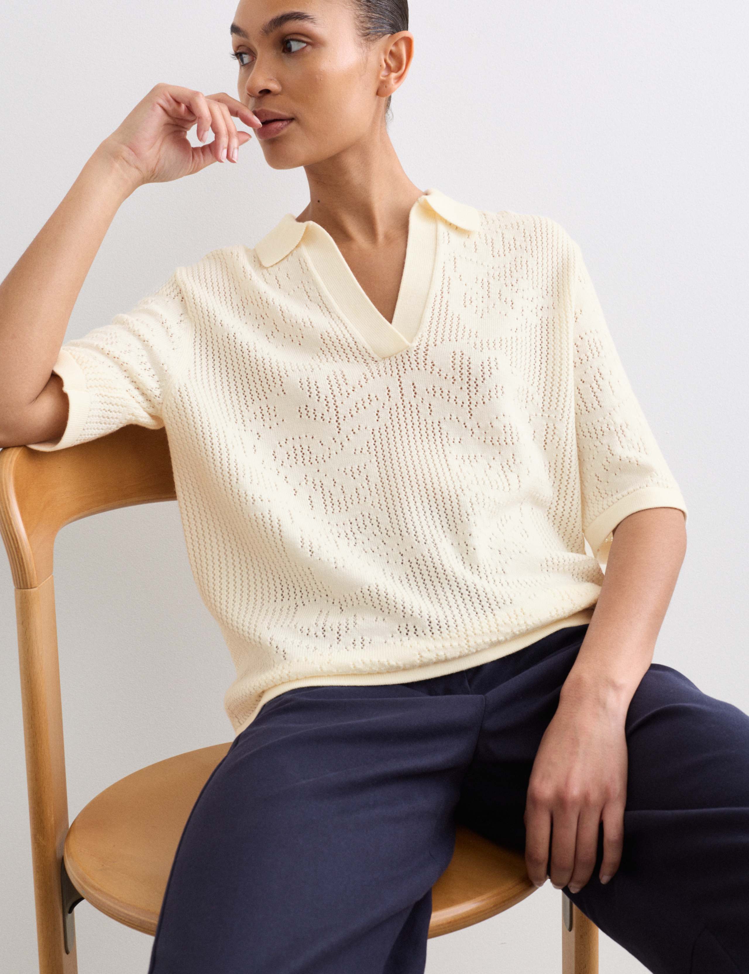 Pure Merino Wool Pointelle Polo Shirt 1 of 7