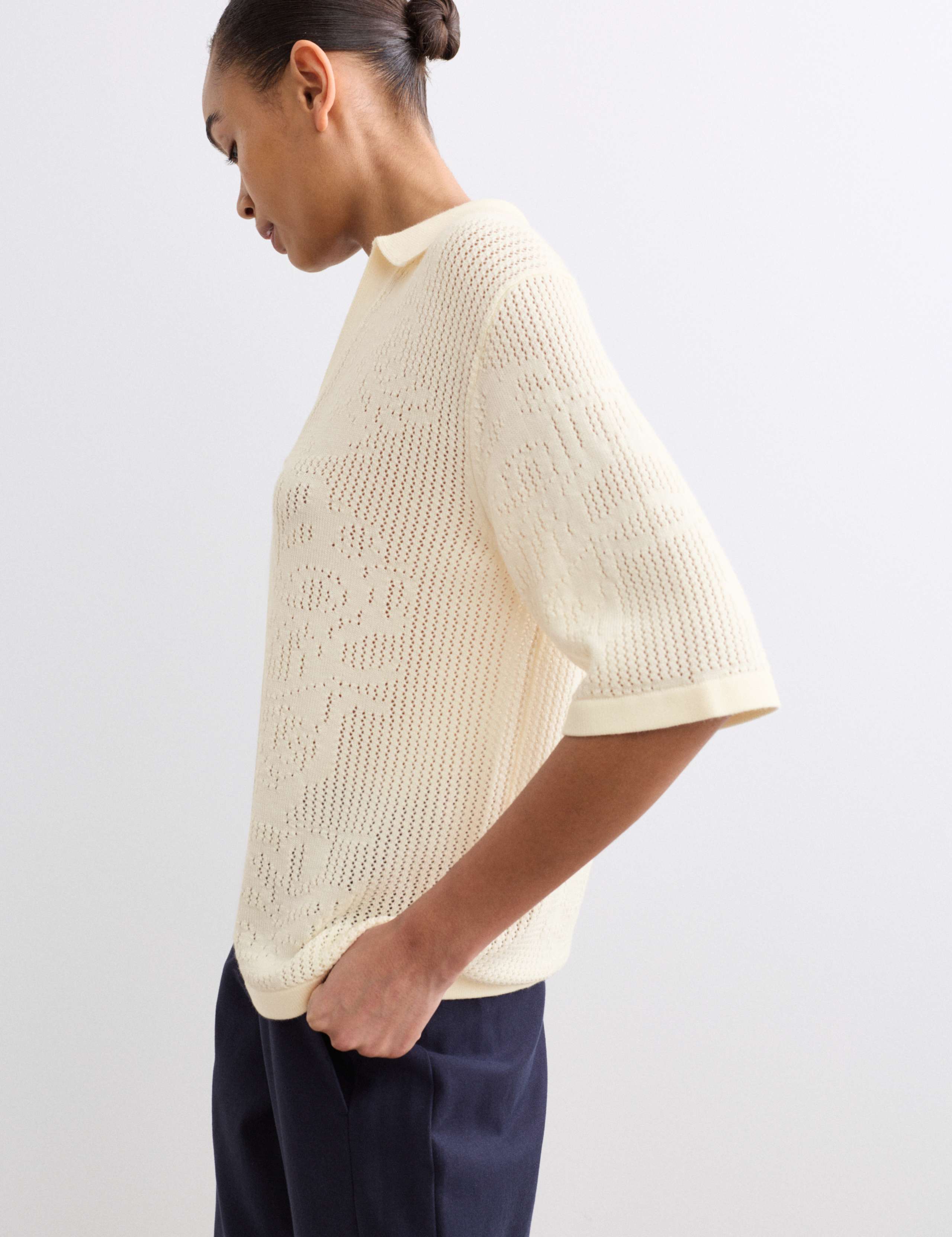 Pure Merino Wool Pointelle Polo Shirt 6 of 7