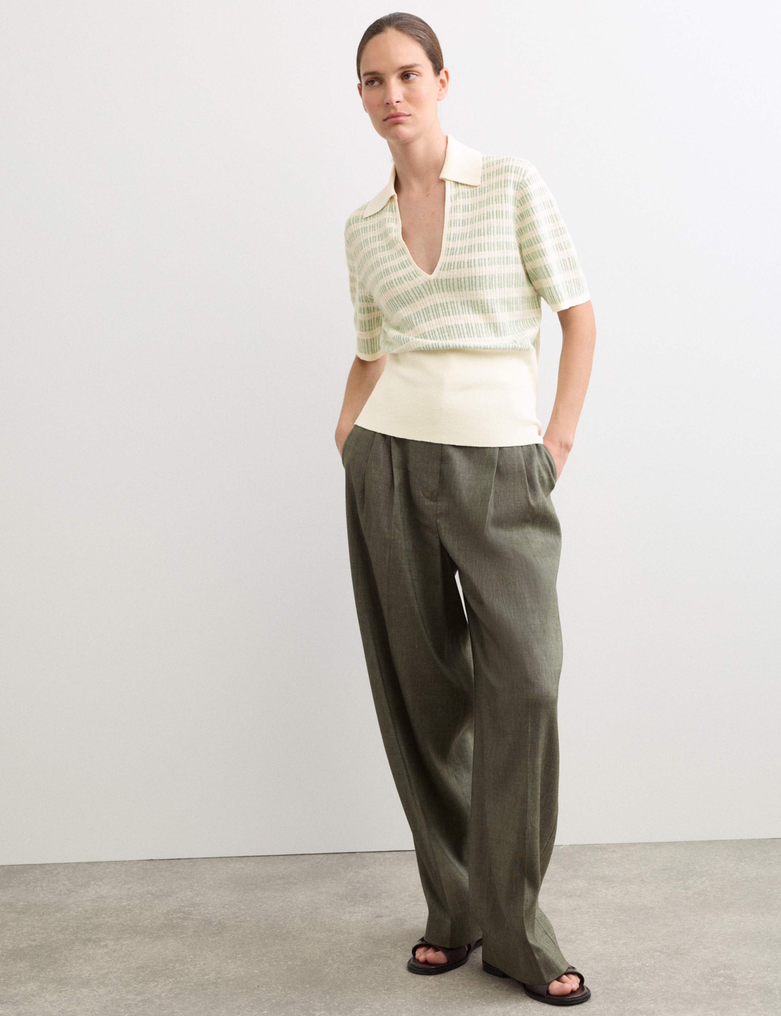 Linen Rich Striped Collared Knitted T-Shirt 1 of 7