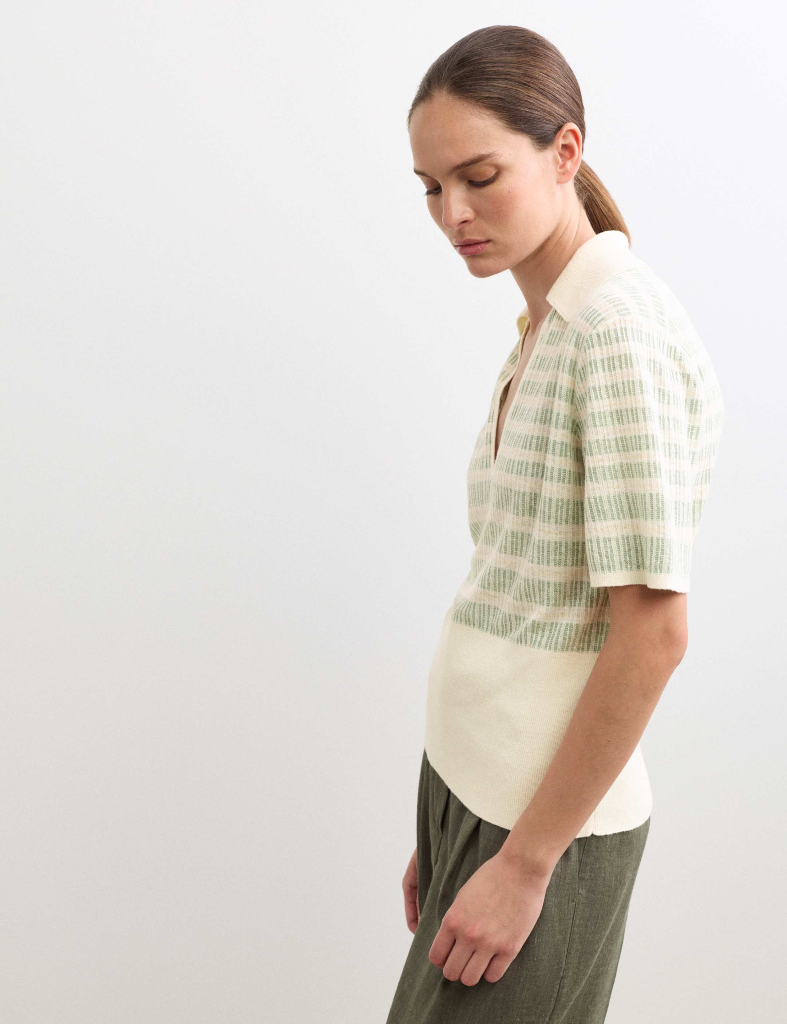 Linen Rich Striped Collared Knitted T-Shirt 5 of 7