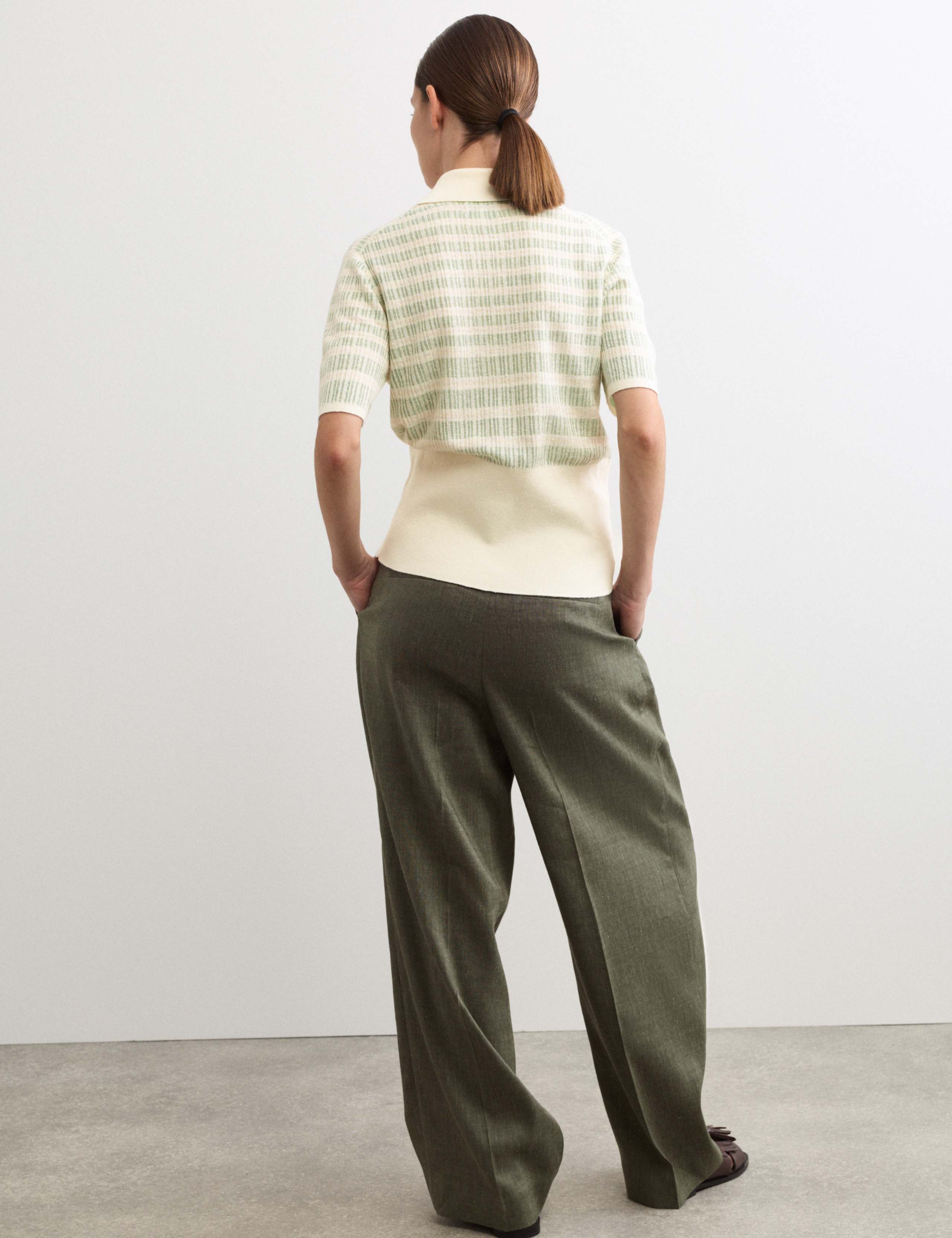 Linen Rich Striped Collared Knitted T-Shirt 6 of 7