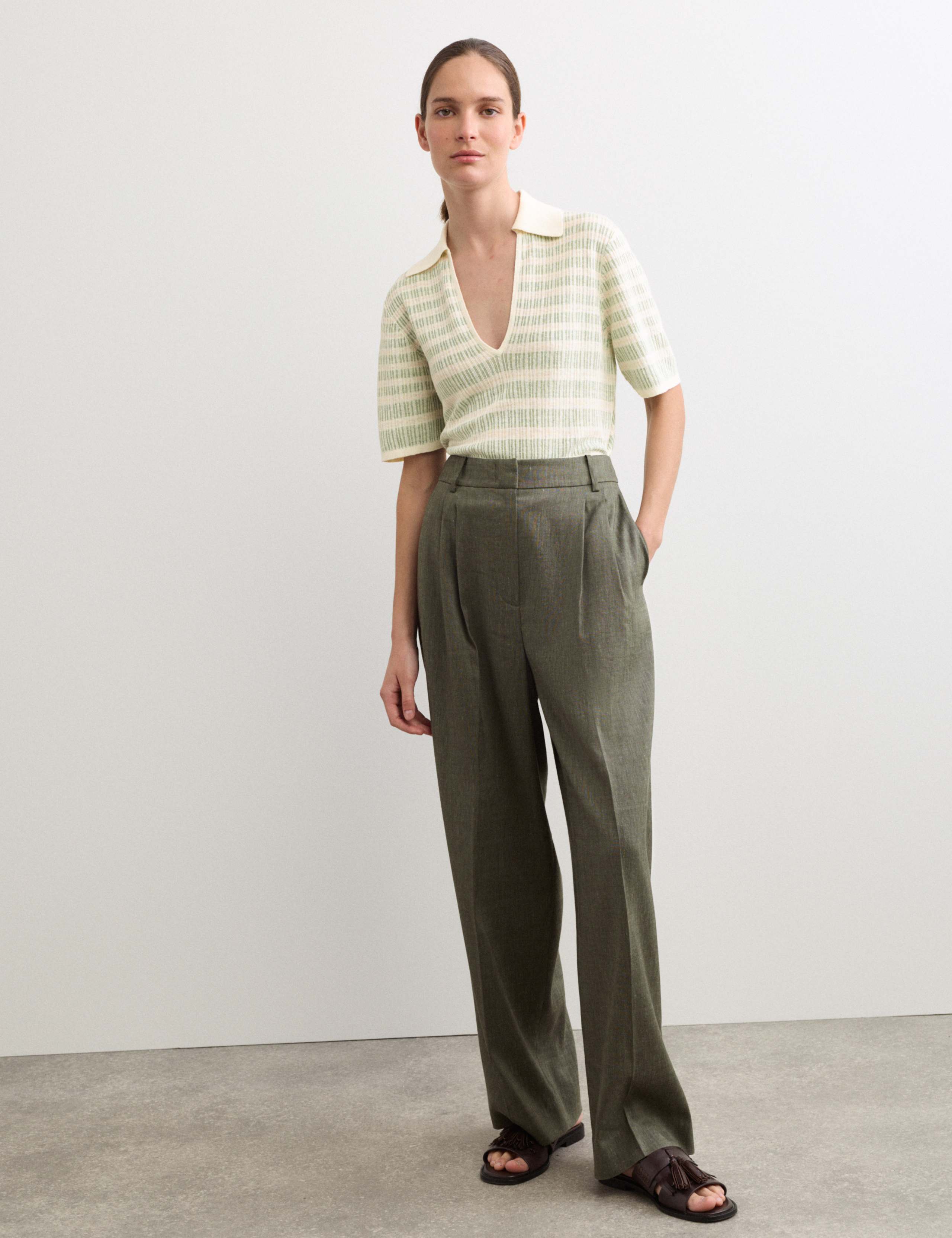 Linen Rich Striped Collared Knitted T-Shirt 7 of 7