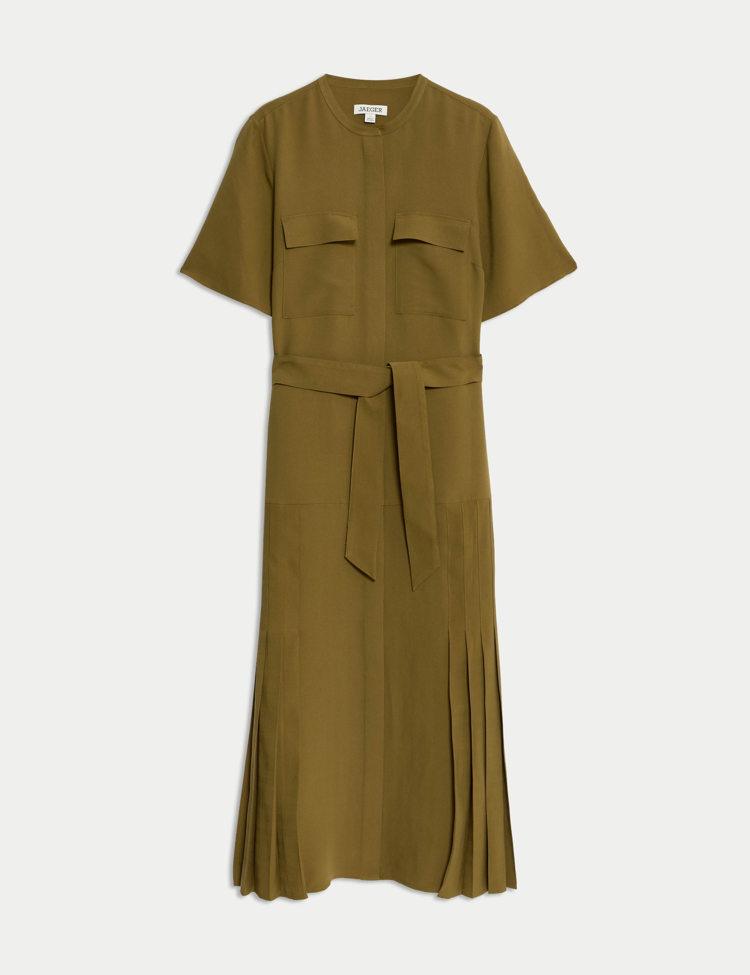 Herringbone Collarless Tie Waist Pleated Midi Shirt Dress 2 of 8