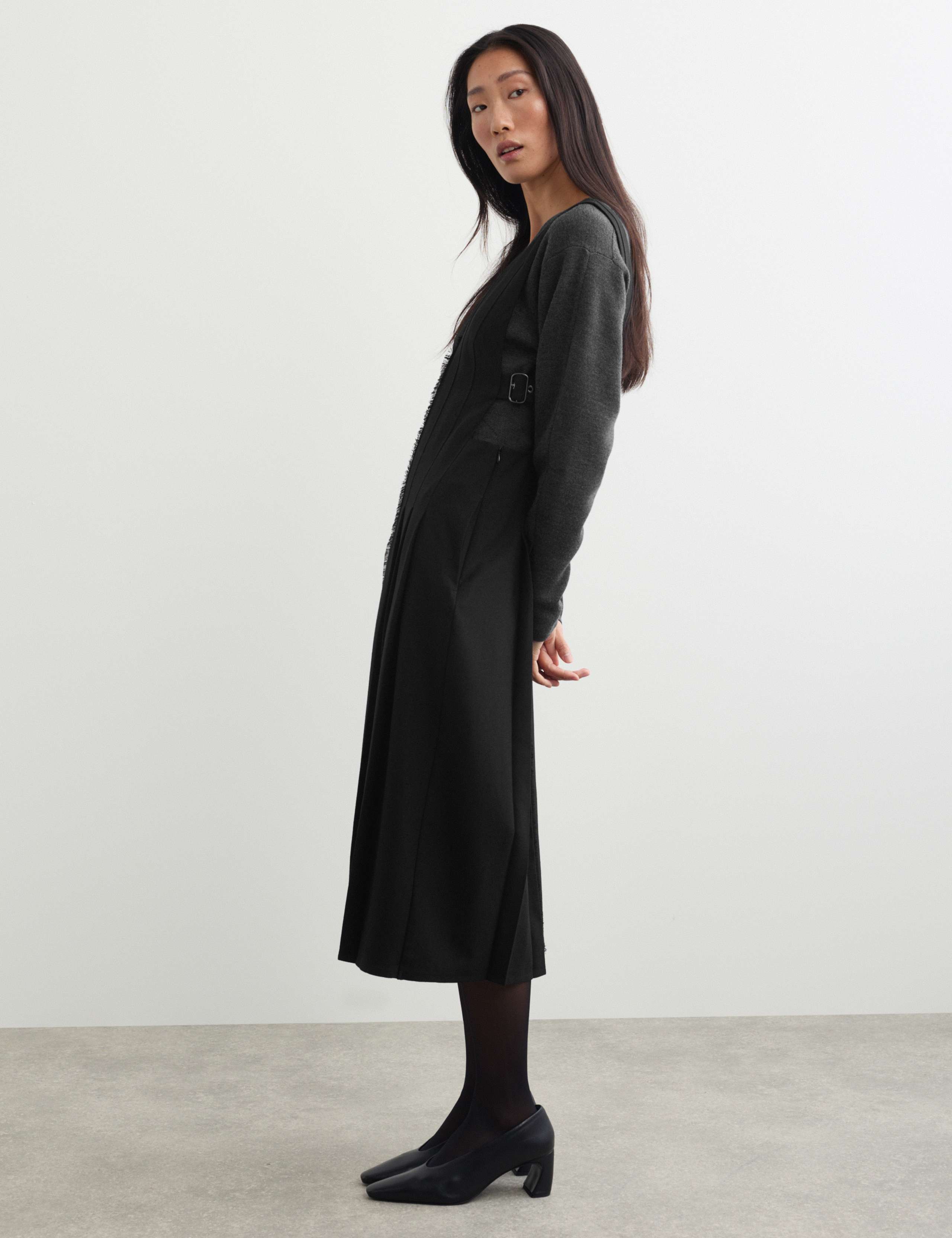 Wool Blend Pleated V Neck Midi Waisted Dress 6 of 8