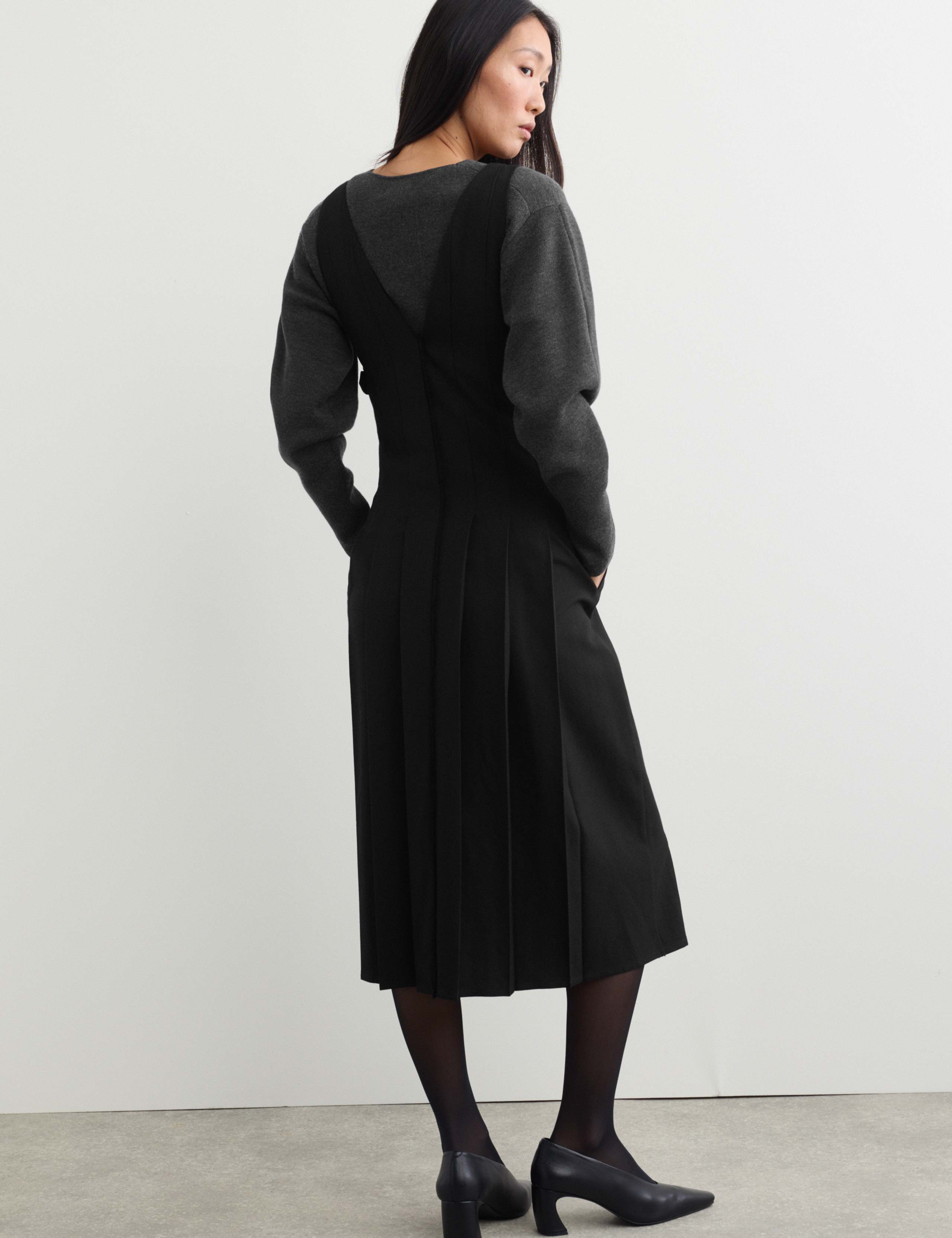 Wool Blend Pleated V Neck Midi Waisted Dress 7 of 8