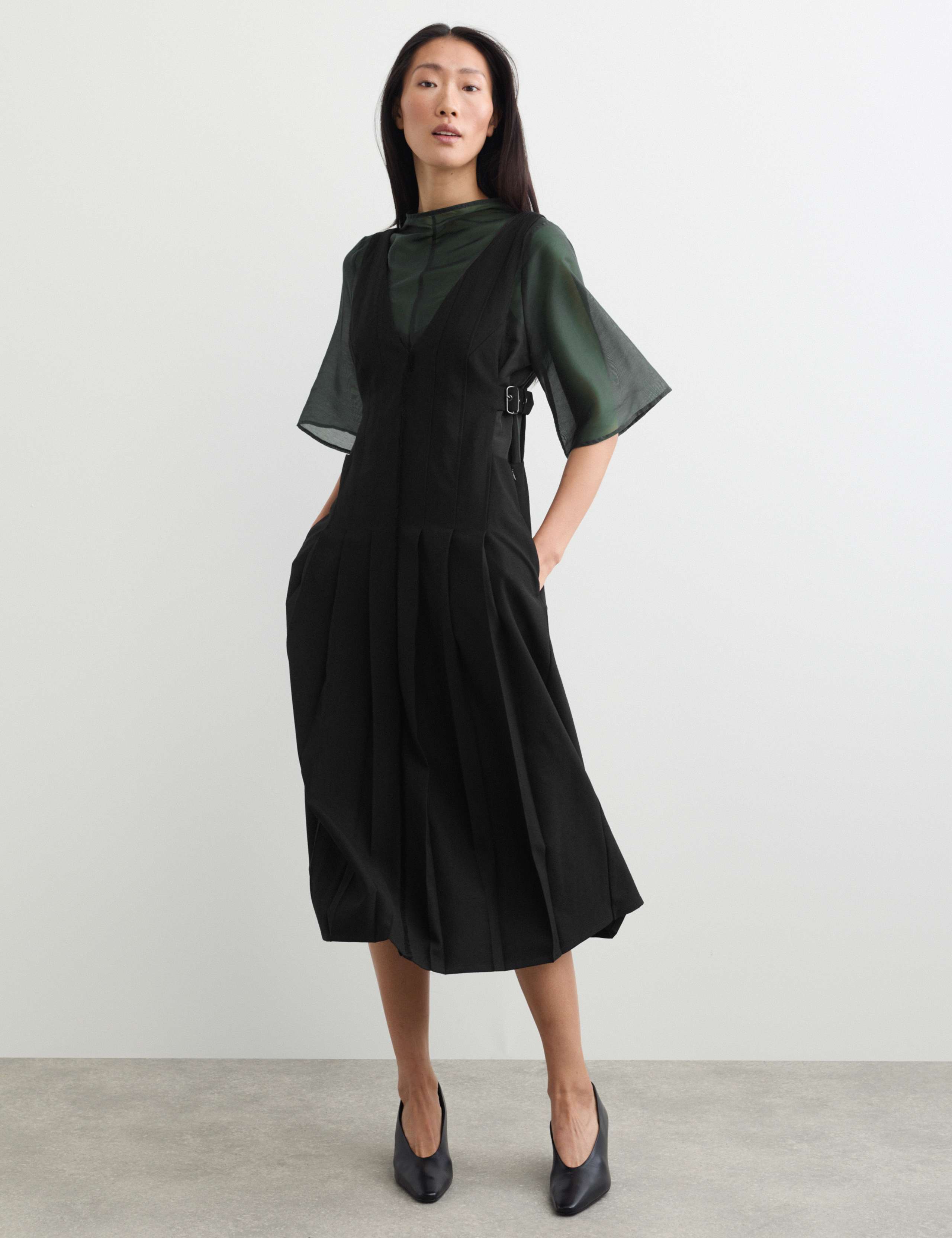 Wool Blend Pleated V Neck Midi Waisted Dress 8 of 8