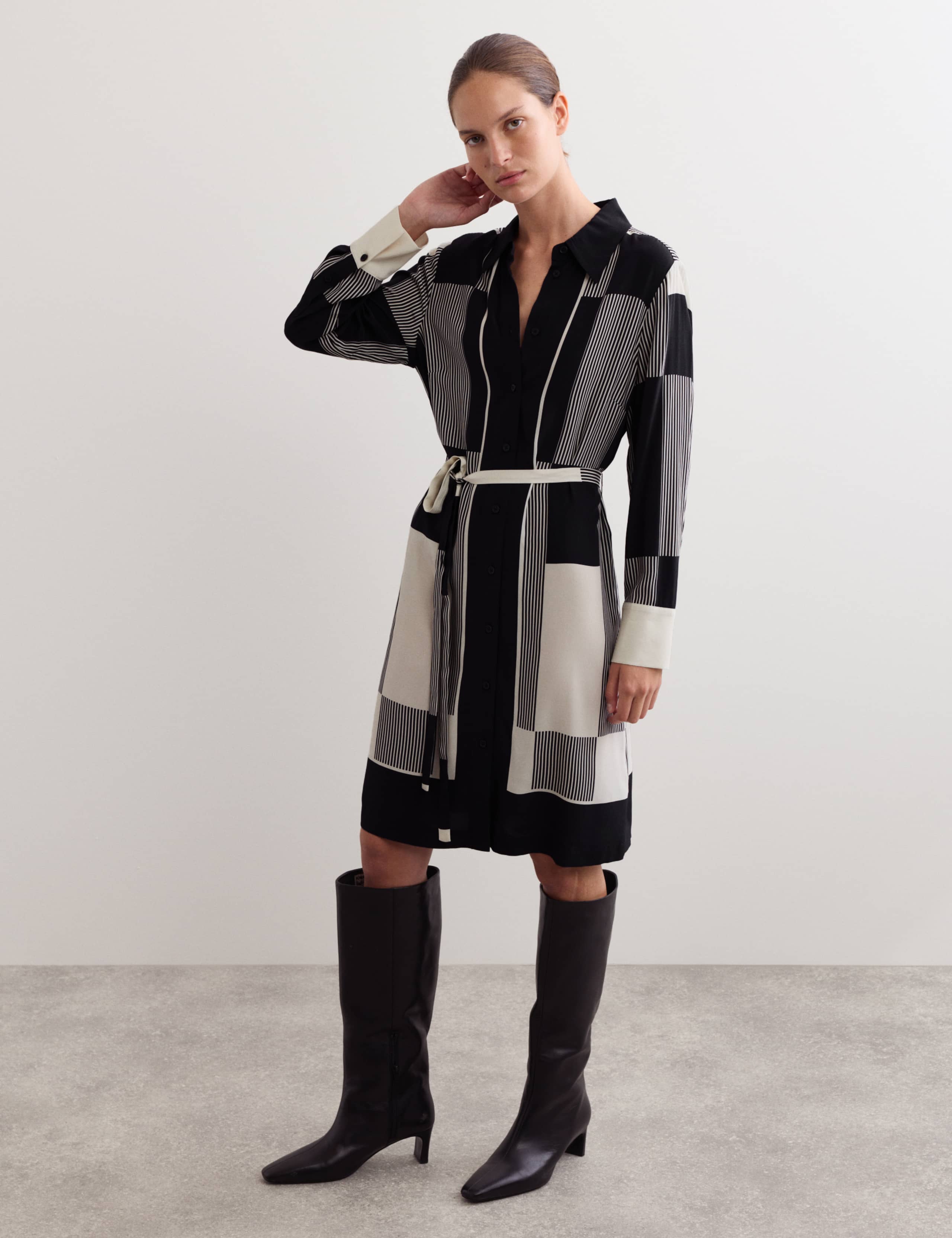 Printed Belted Knee Length Shirt Dress 1 of 7