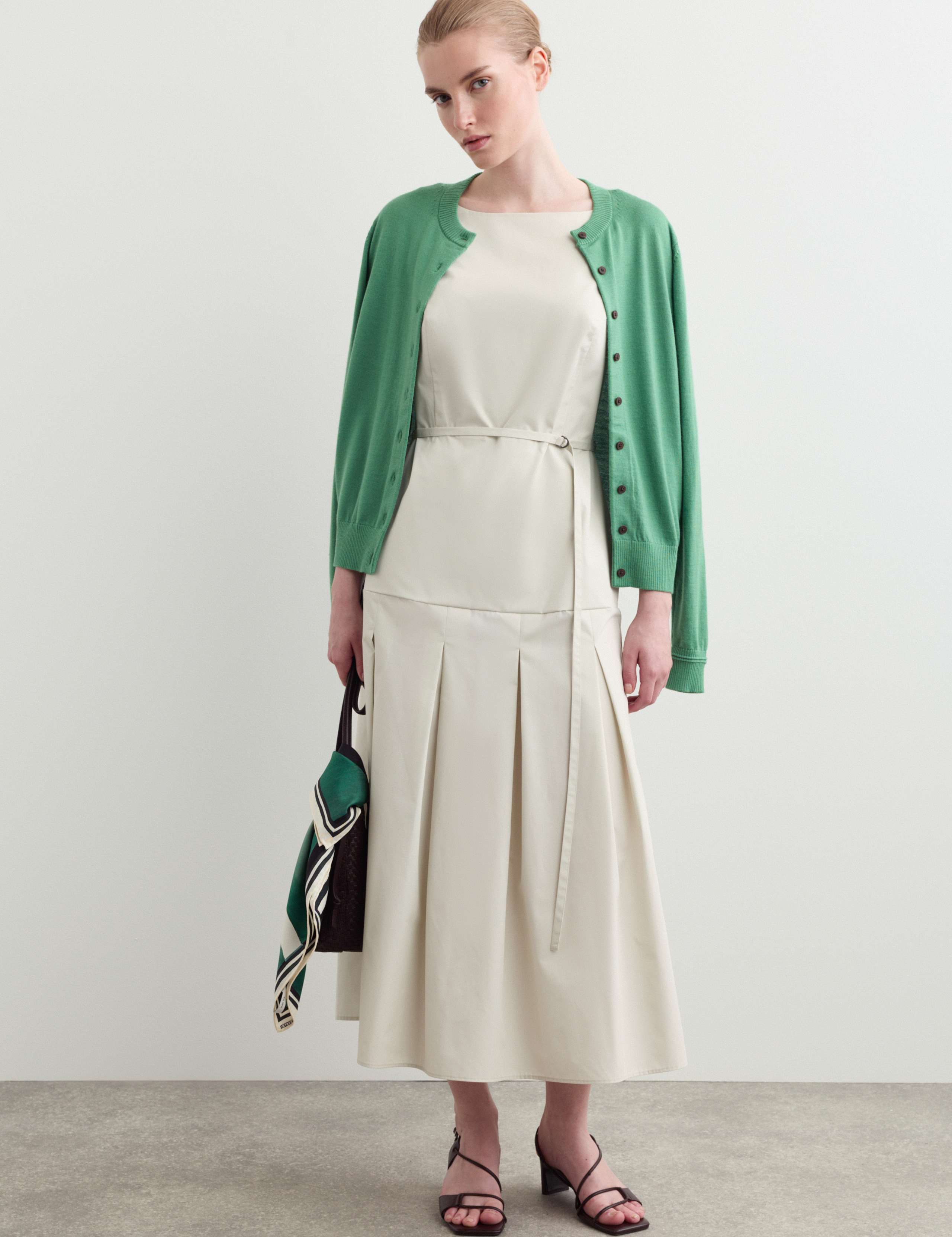 Cotton Blend Pleated Midi Waisted Dress 4 of 8