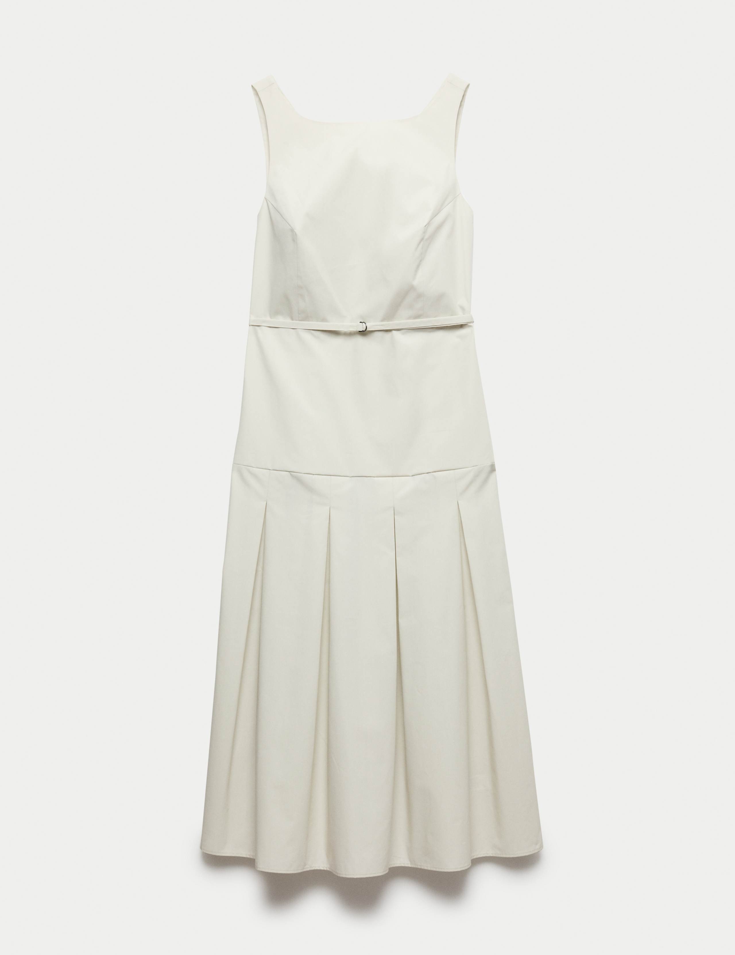 Cotton Blend Pleated Midi Waisted Dress 2 of 8