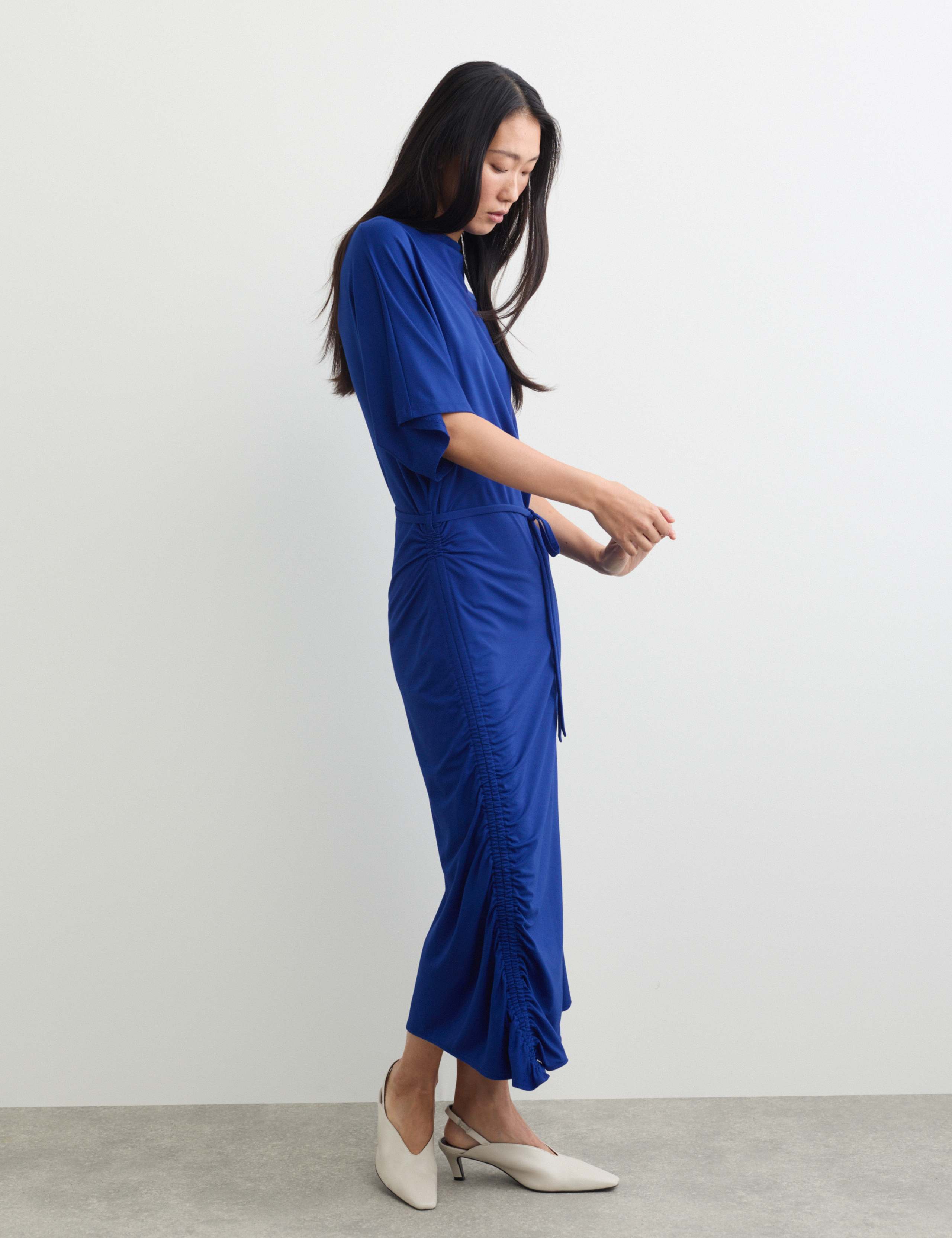 Fluid Drape Cowl Neck Tie Detail Midi Waisted Dress 1 of 7