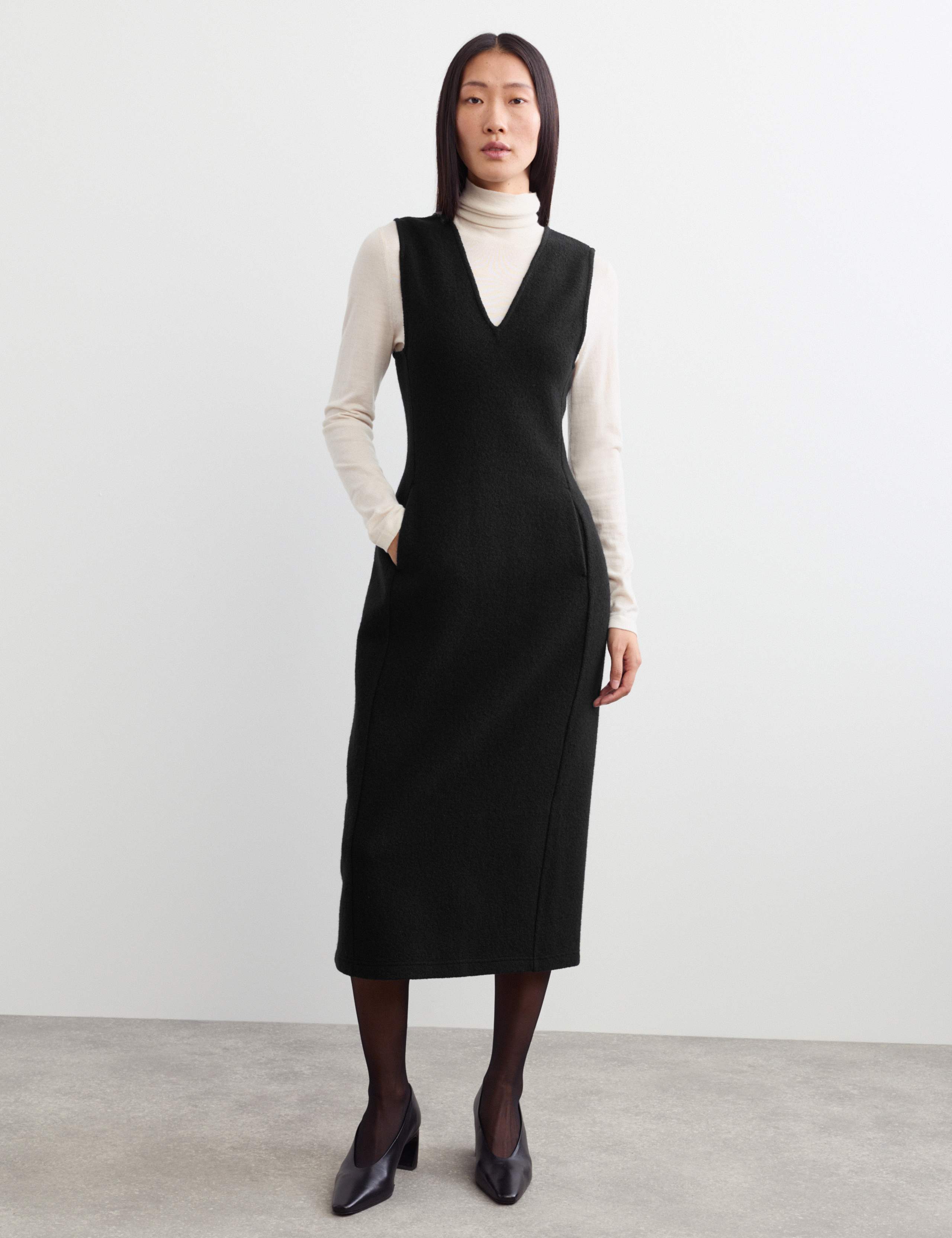 Pure Wool Textured V Neck Midi Dress 1 of 7