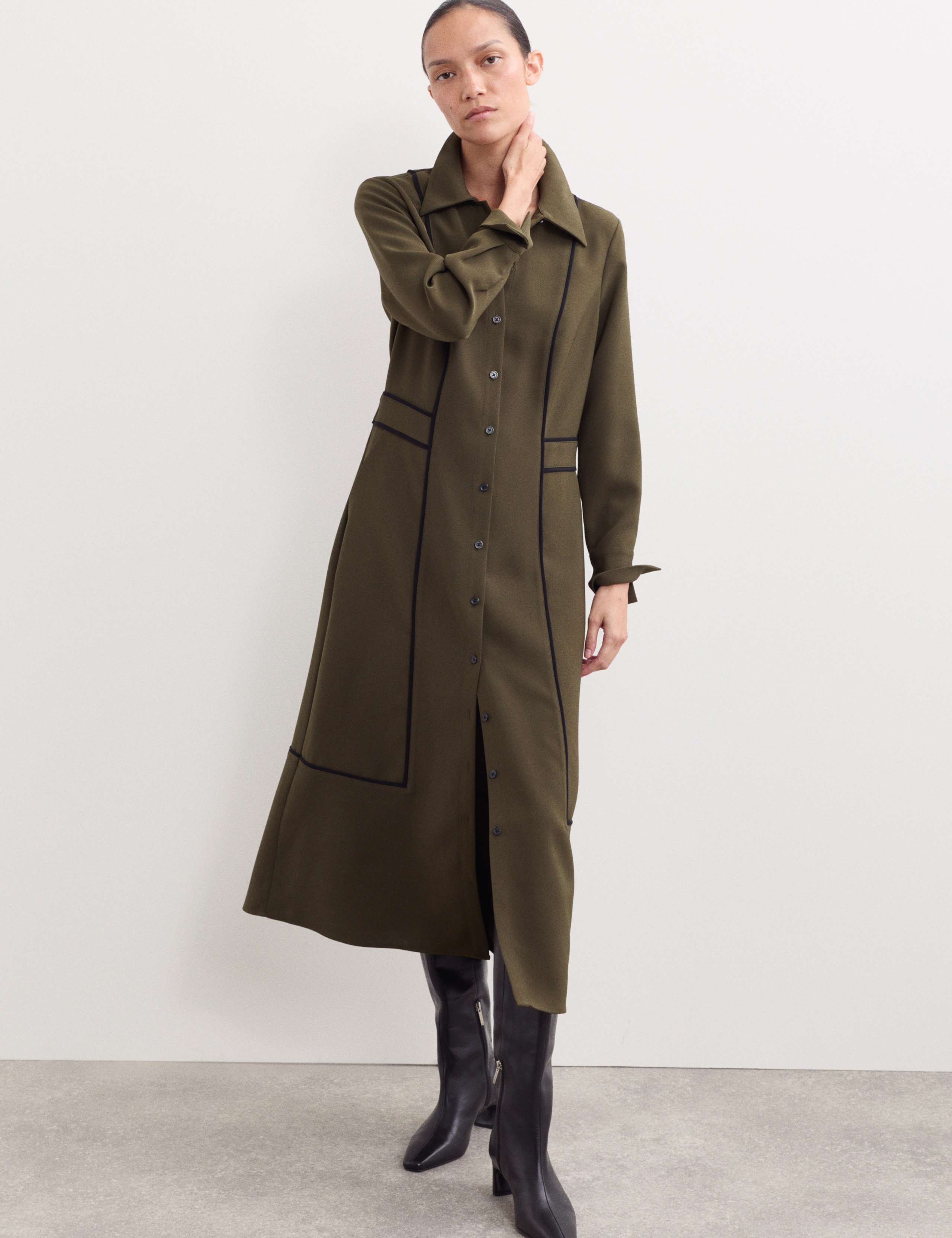 Crepe Piping Detail Midi Shirt Dress 3 of 7