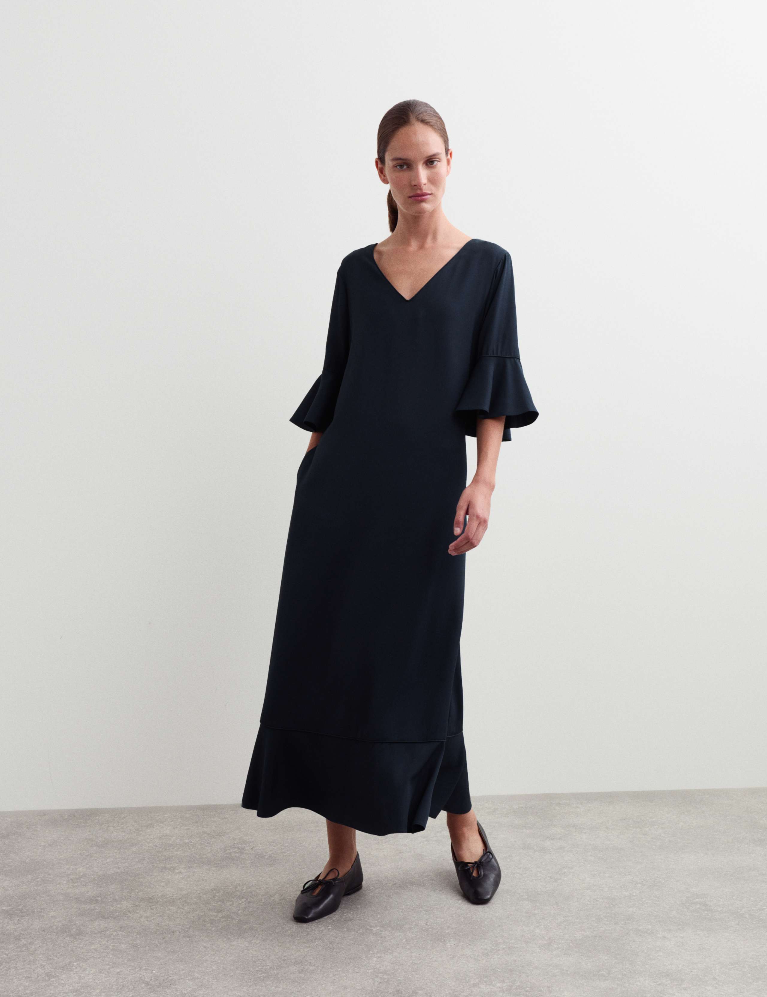 Cavalry Twill Frill Detail Midi Skater Dress 1 of 7