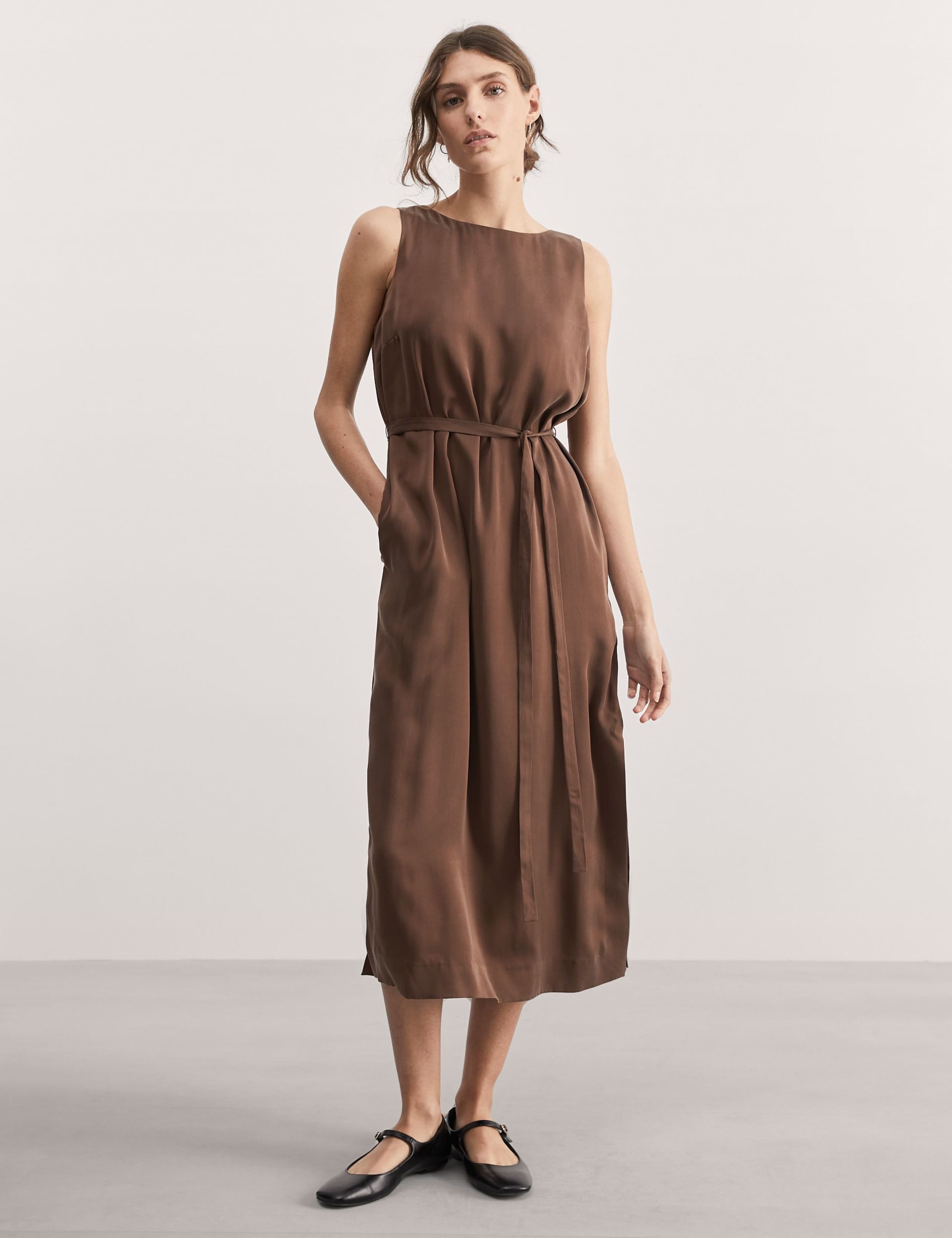 Pure Silk Belted Midi Column Dress 2 of 4