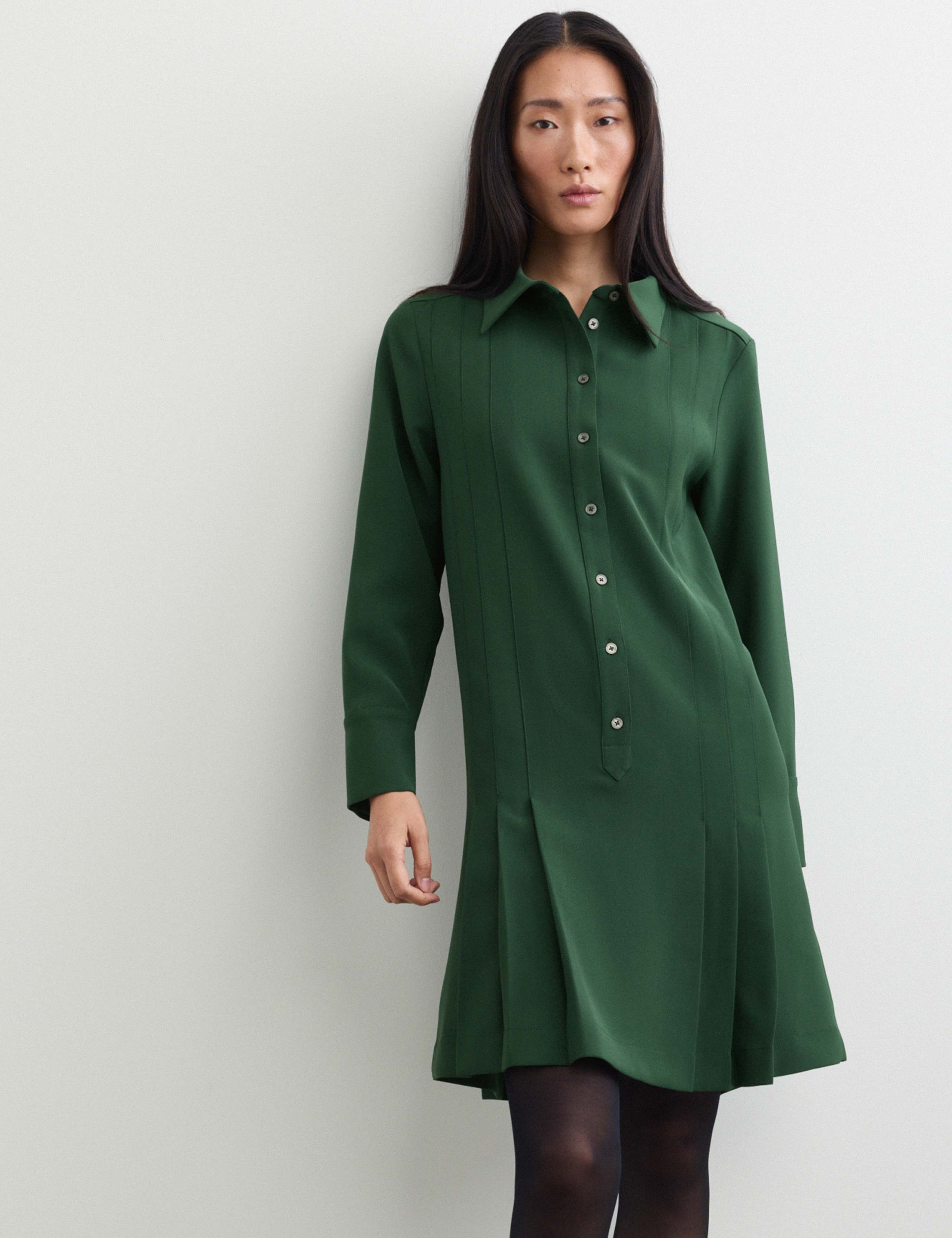 Crepe Pleated Knee Length Shirt Dress 5 of 7