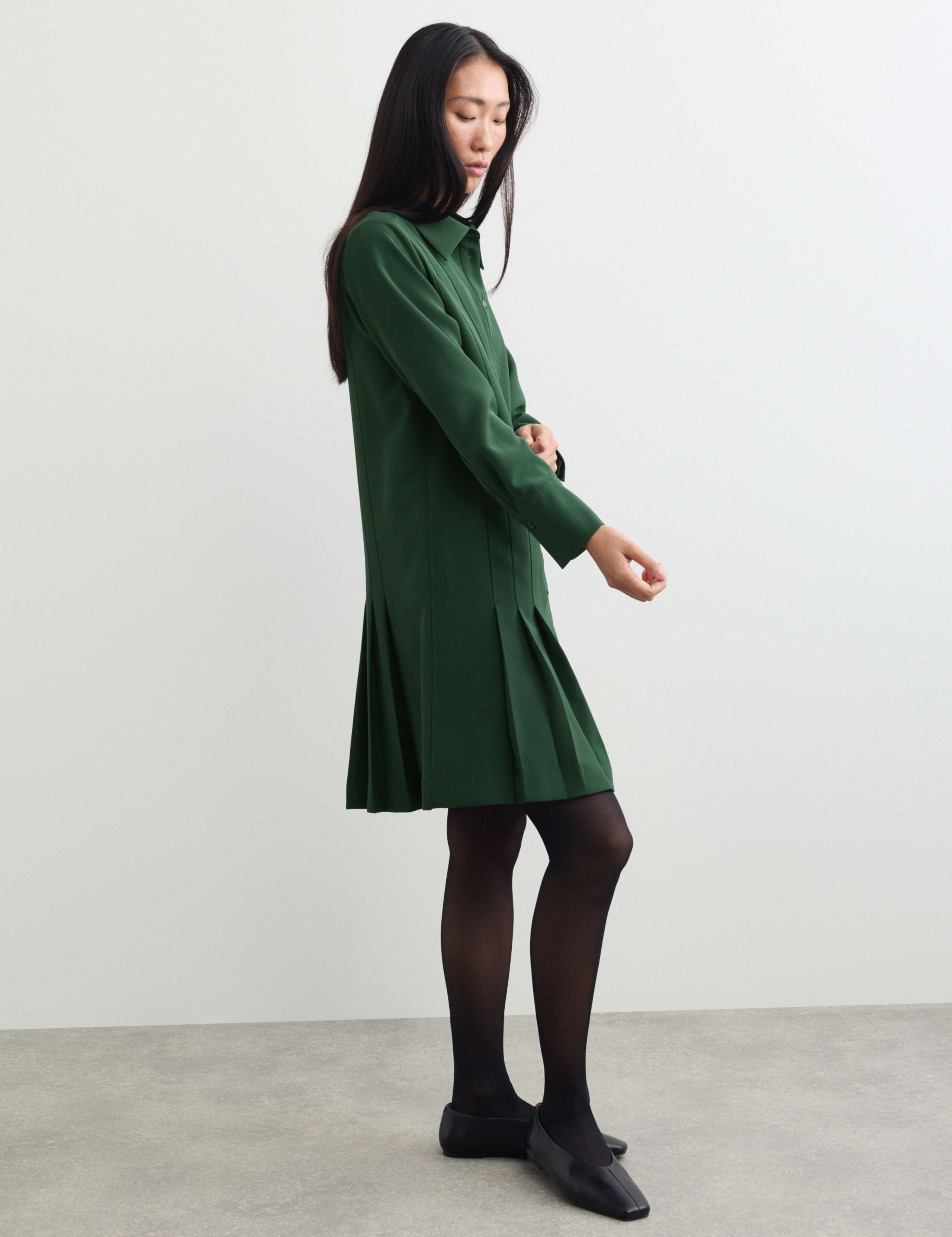 Crepe Pleated Knee Length Shirt Dress 6 of 7