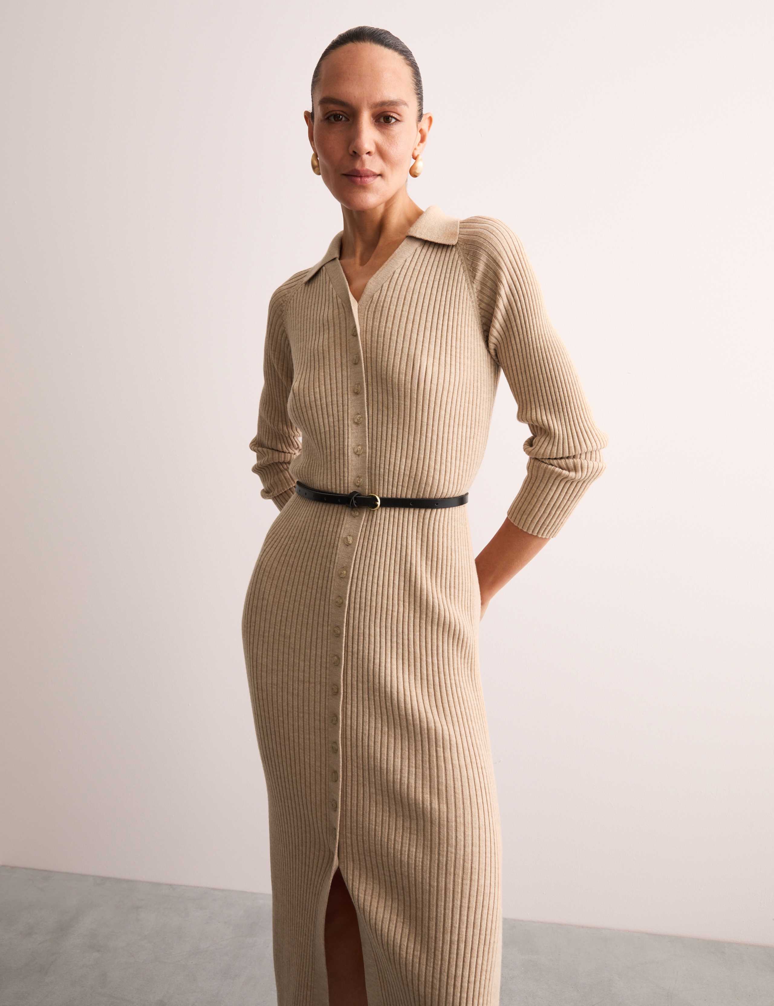 Pure Merino Wool Fitted Midi Knitted Dress 3 of 8