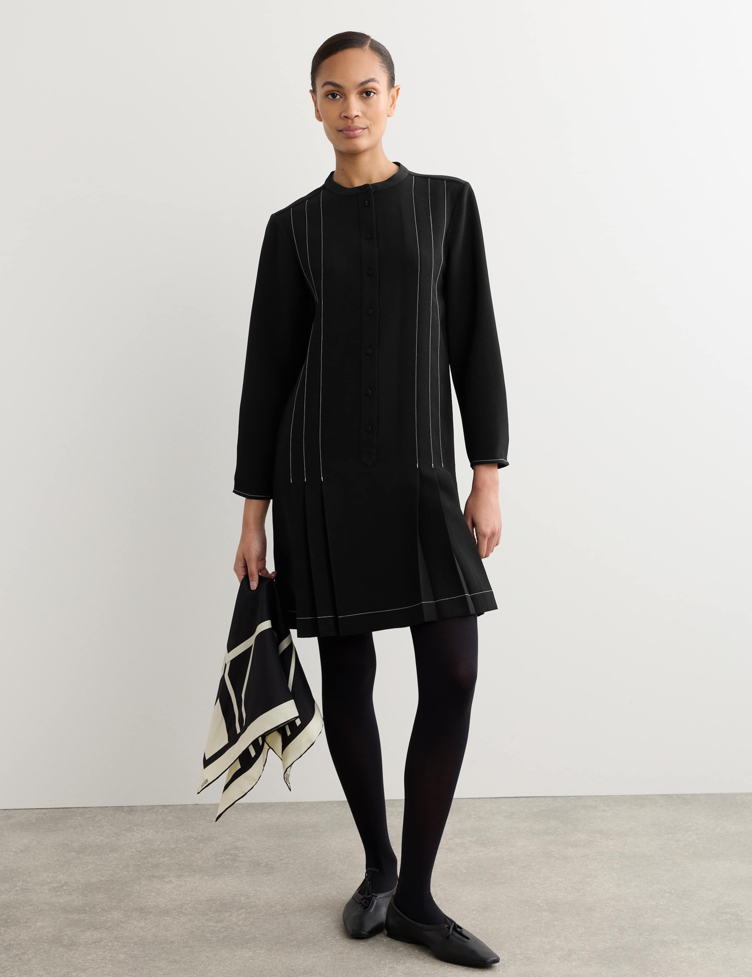 Crepe Pleated Knee Length Shift Dress 1 of 6