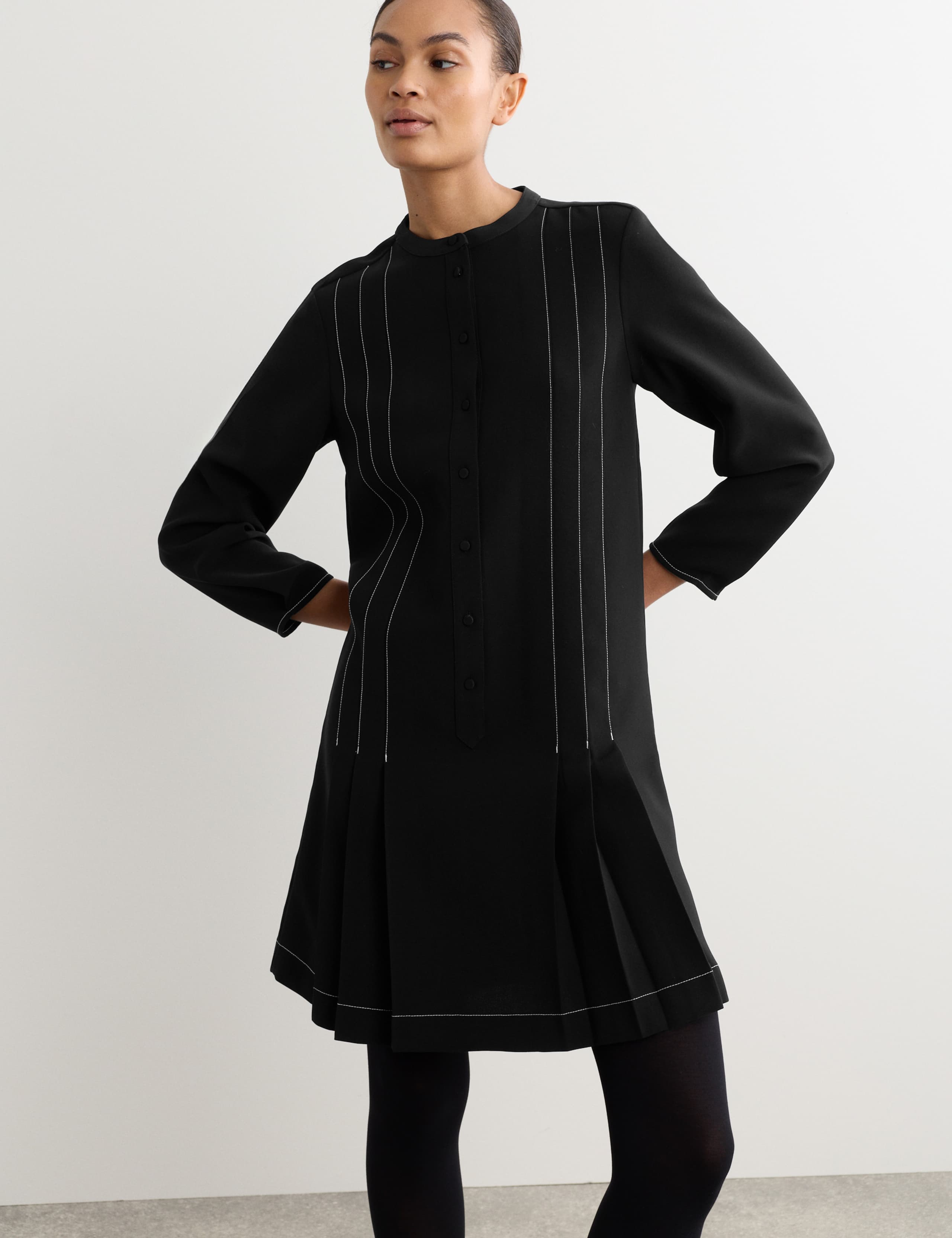 Crepe Pleated Knee Length Shift Dress 6 of 6