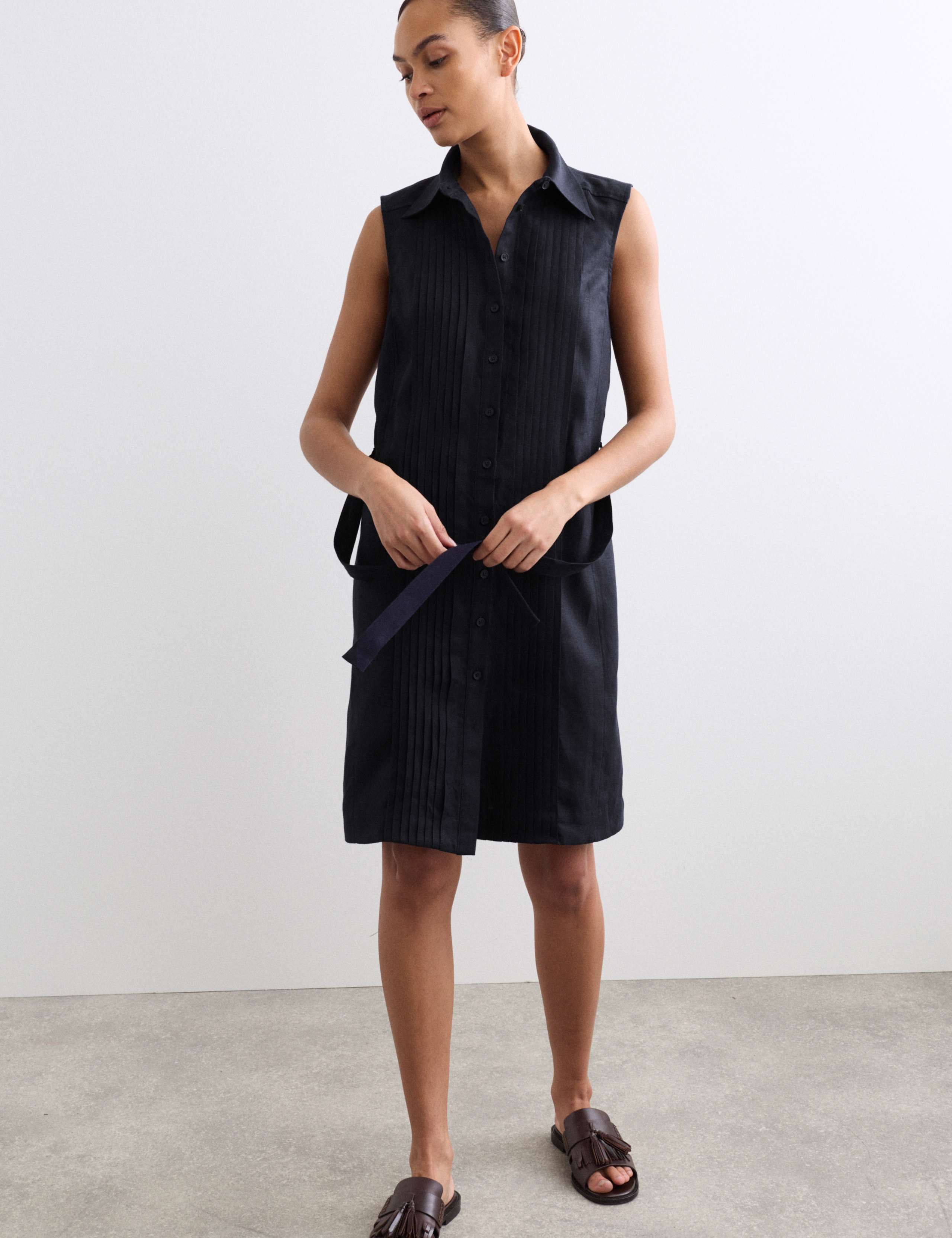 Pure Linen Pleated Knee Length Shirt Dress 3 of 6