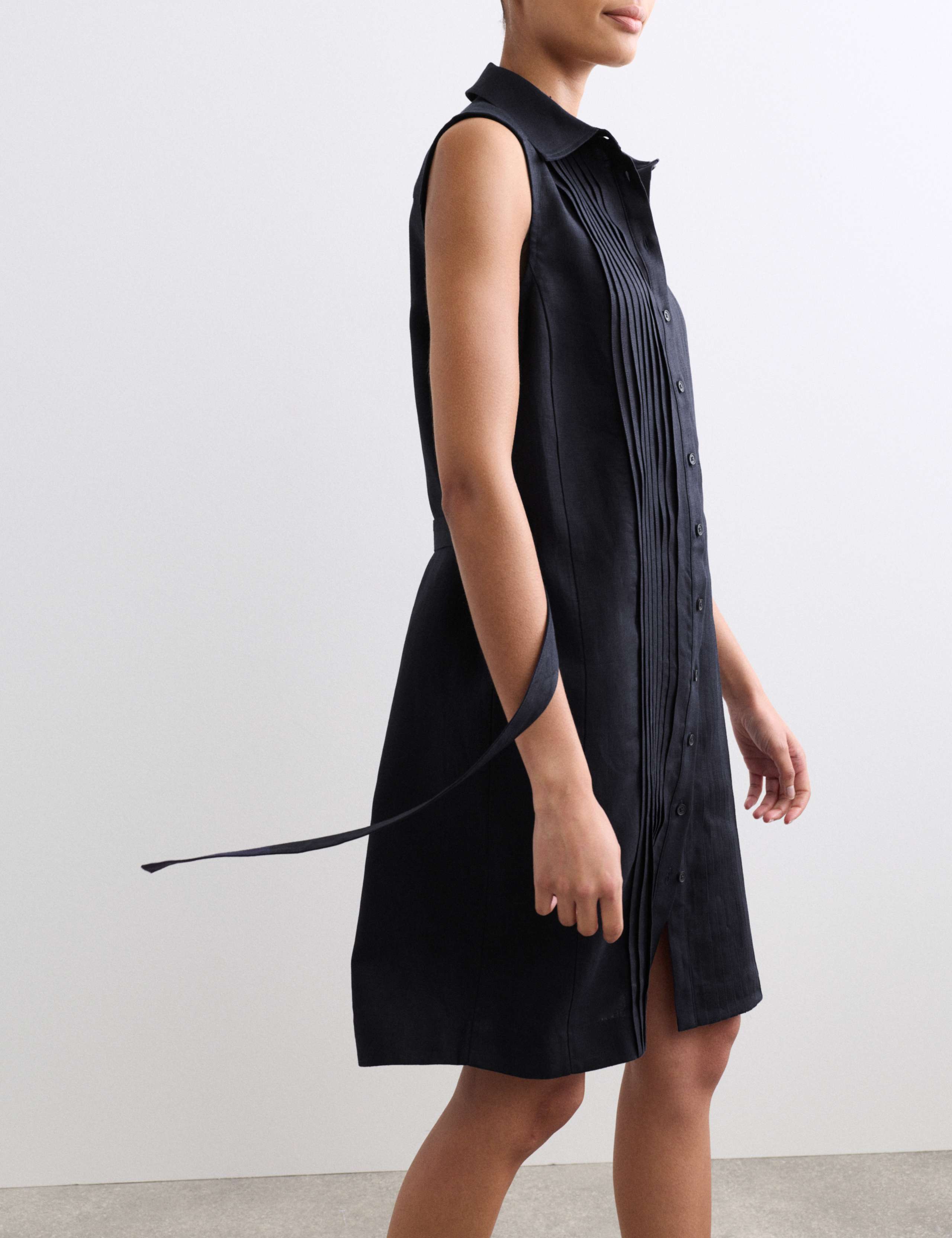 Pure Linen Pleated Knee Length Shirt Dress 4 of 6