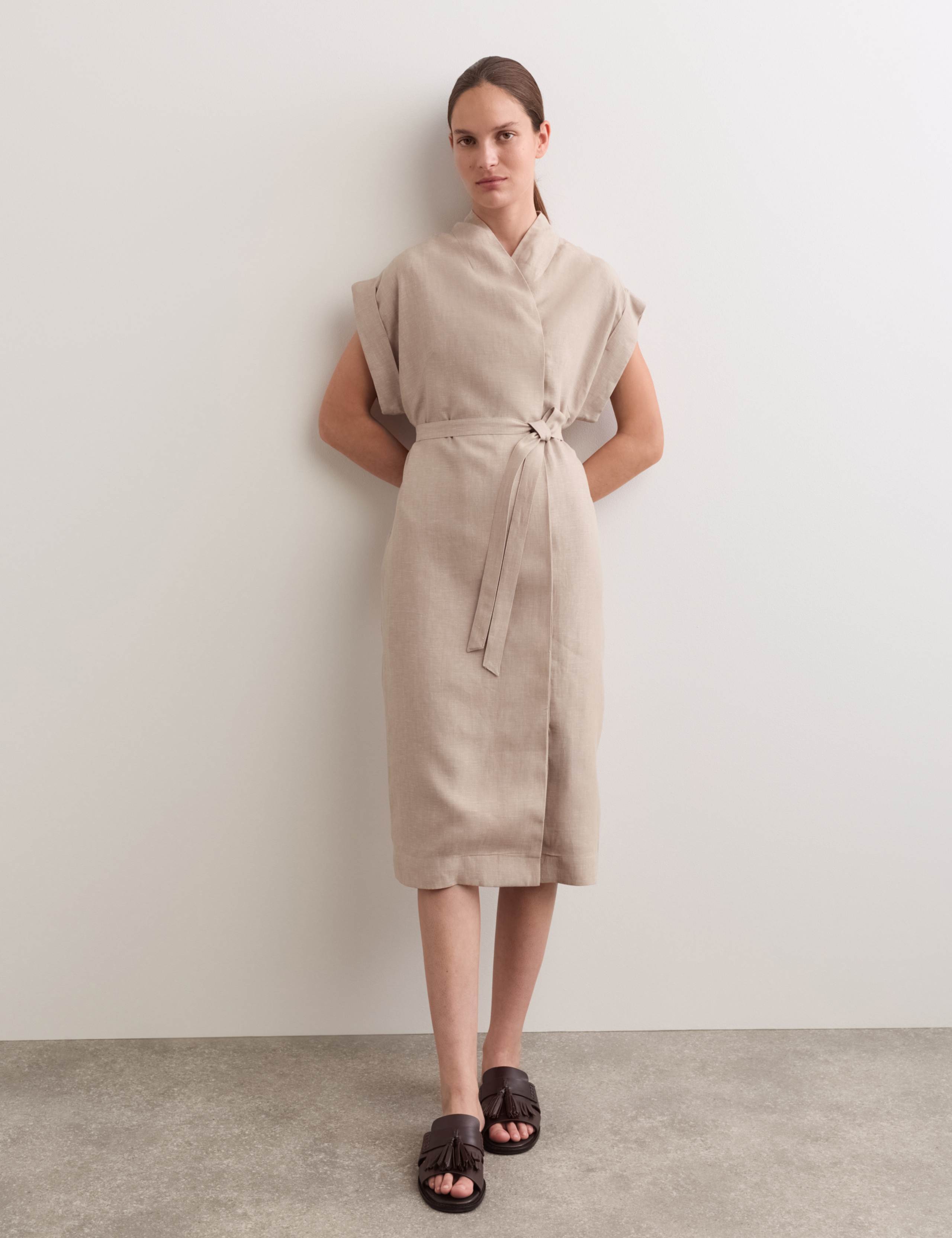 Pure Linen V-Neck Midi Wrap Dress 1 of 6