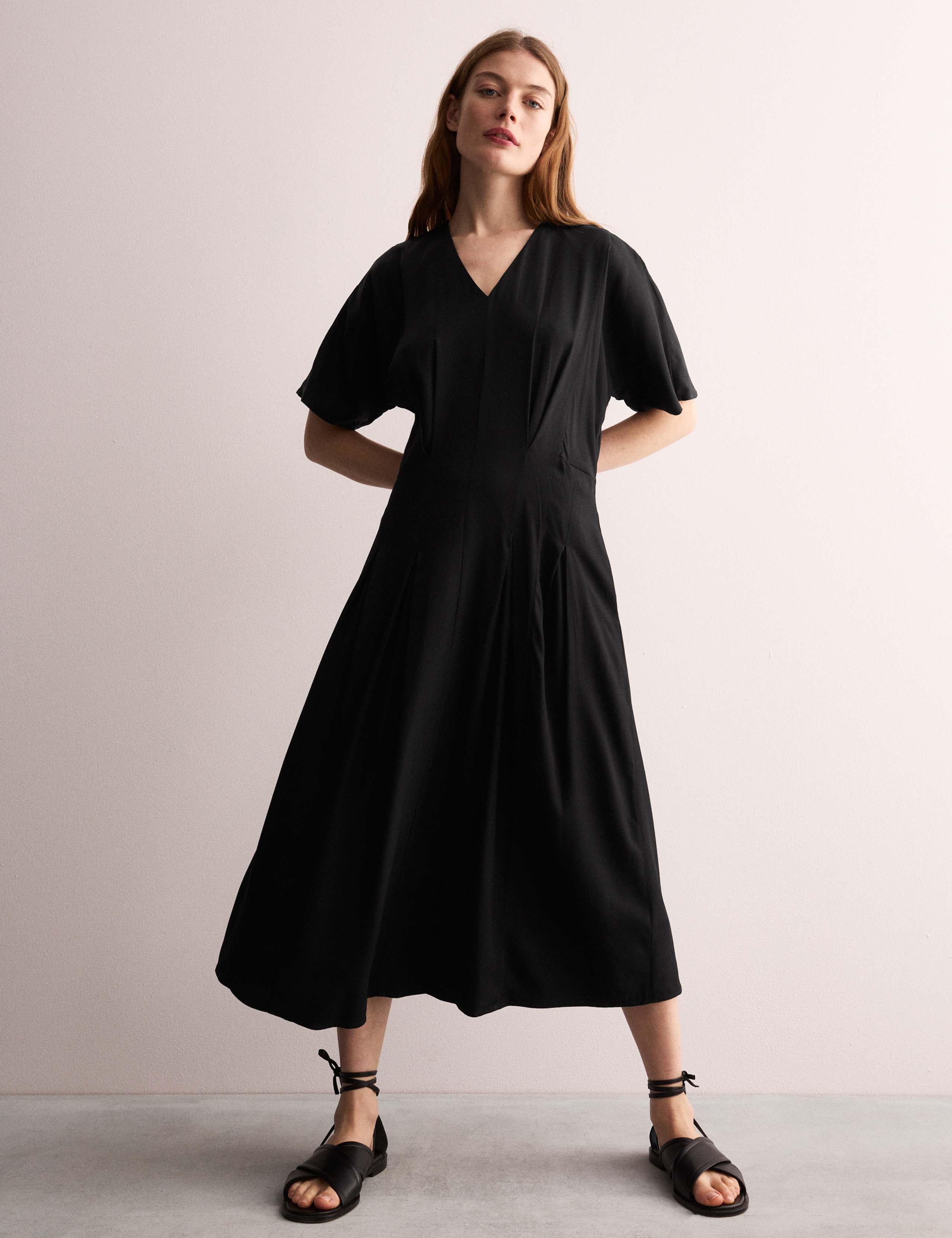 V-Neck Pintuck Midi Waisted Dress 1 of 6