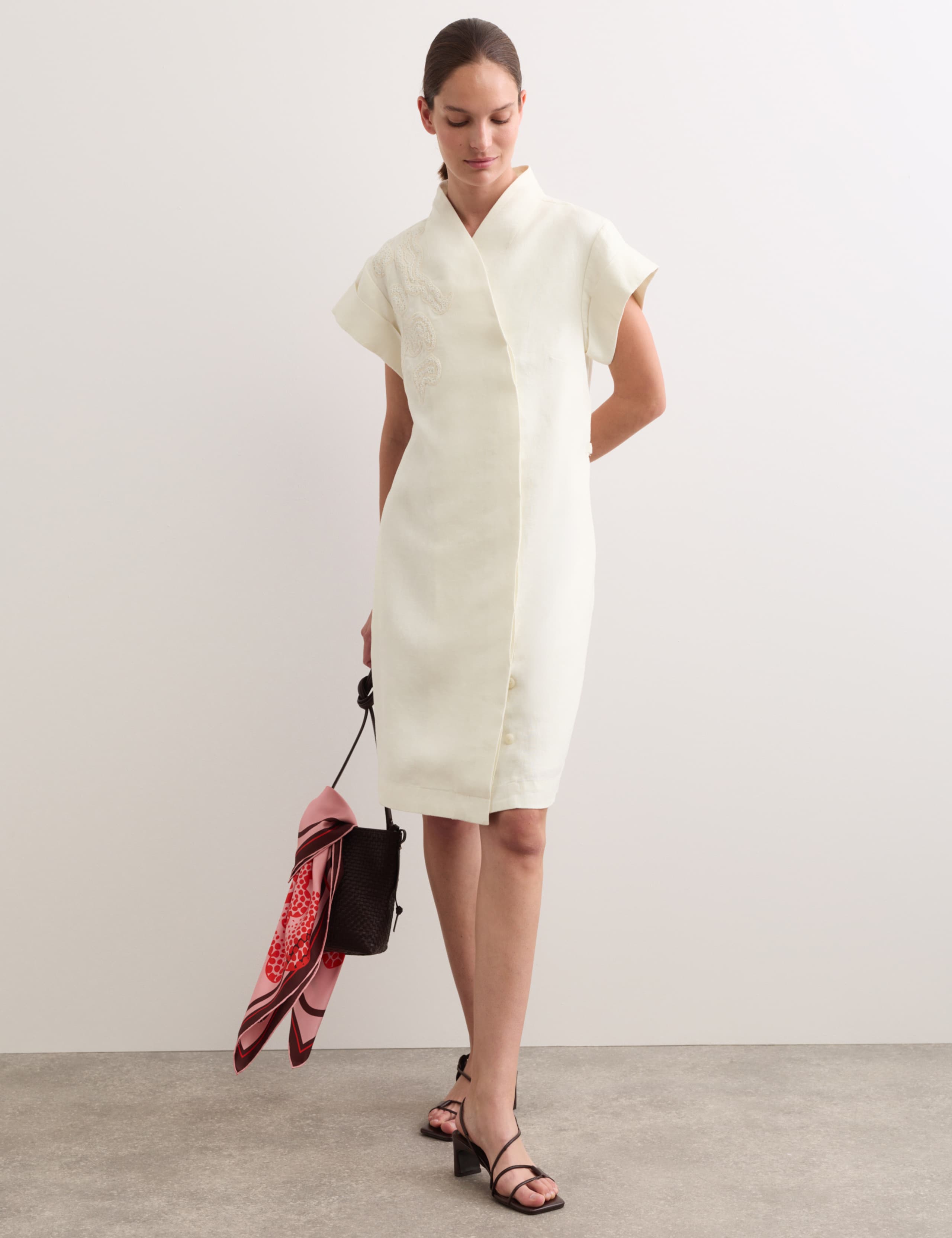 Pure Linen Embroidered V-Neck Wrap Dress 1 of 6
