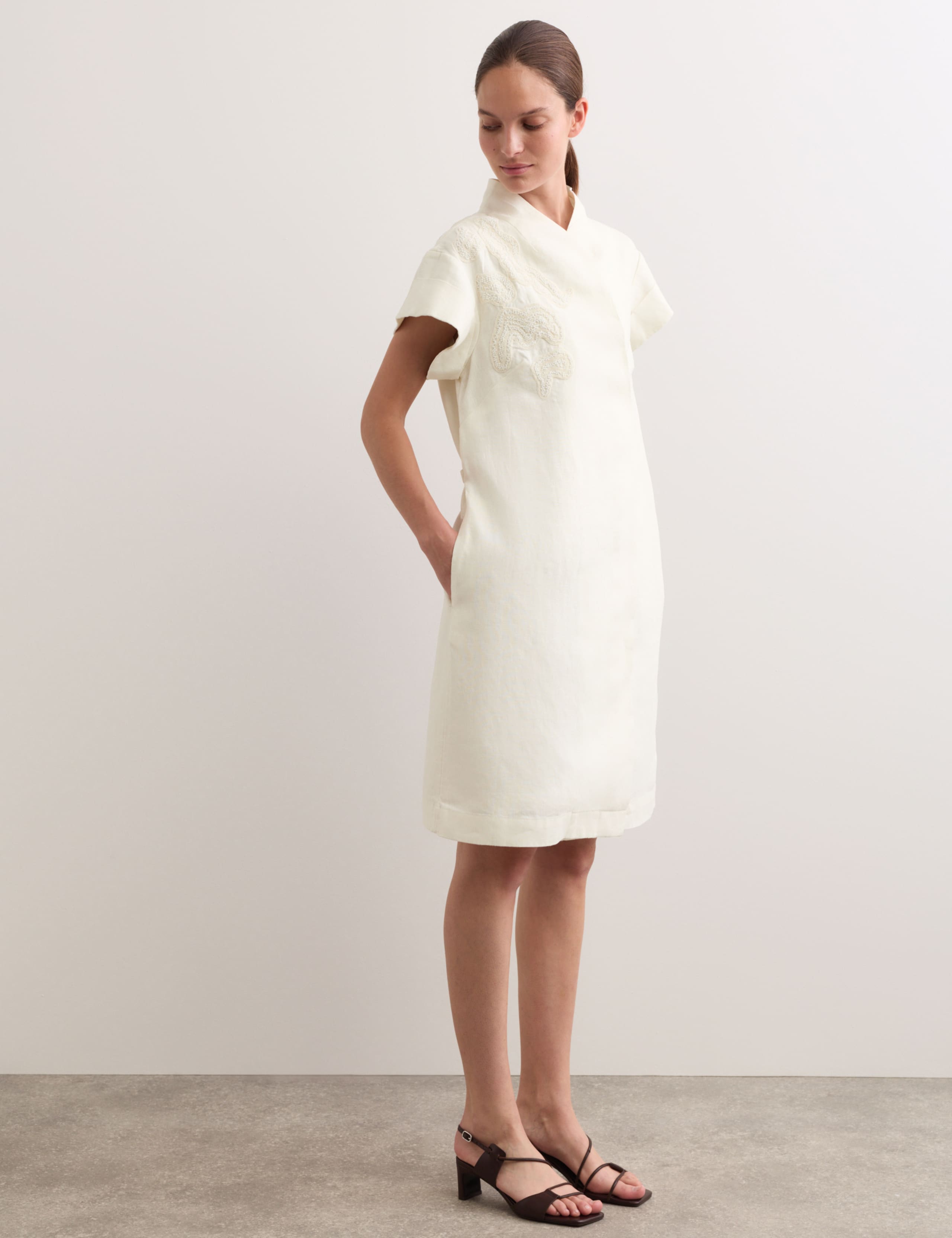 Pure Linen Embroidered V-Neck Wrap Dress 5 of 6