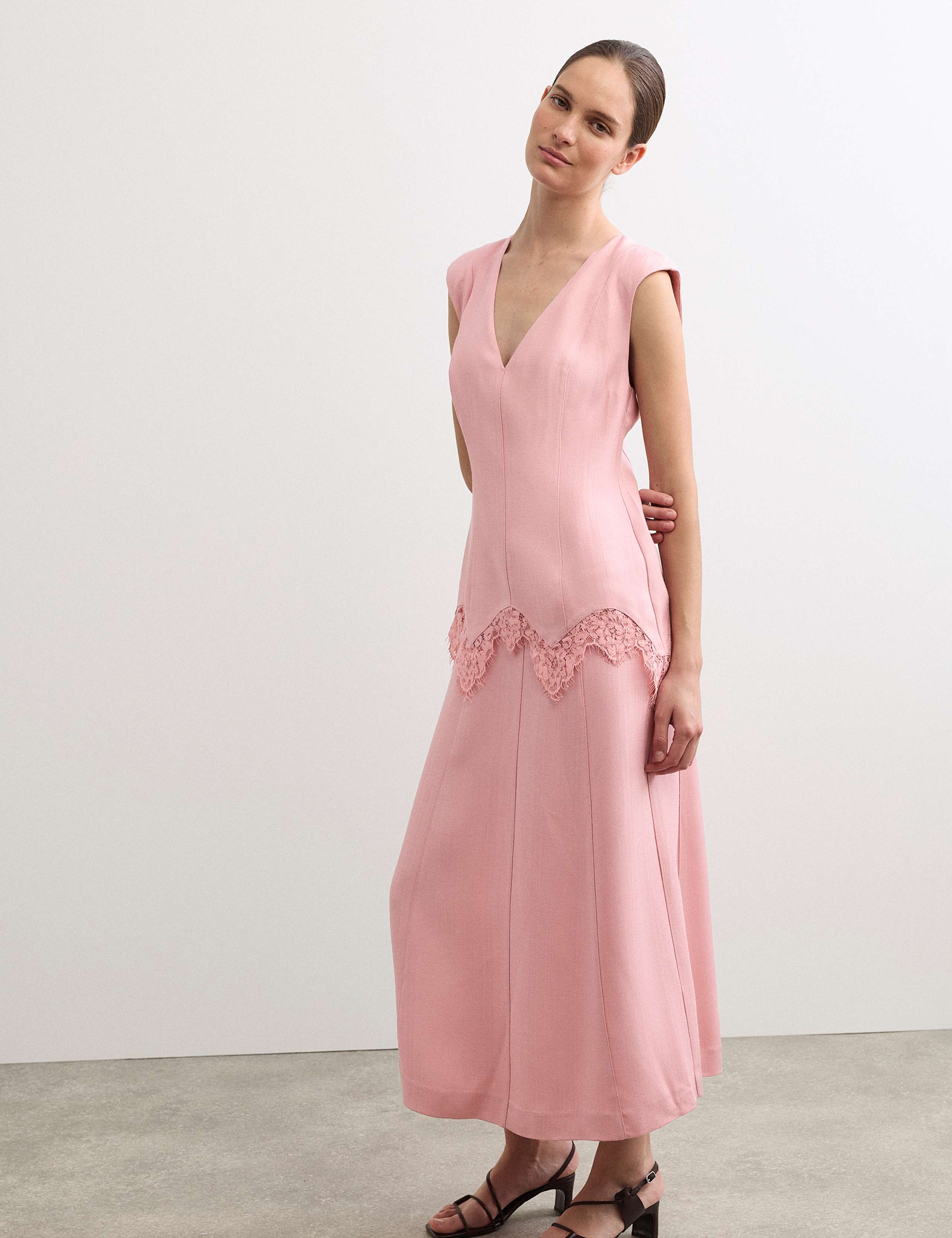 V-Neck Lace Insert Midi Column Dress 5 of 8