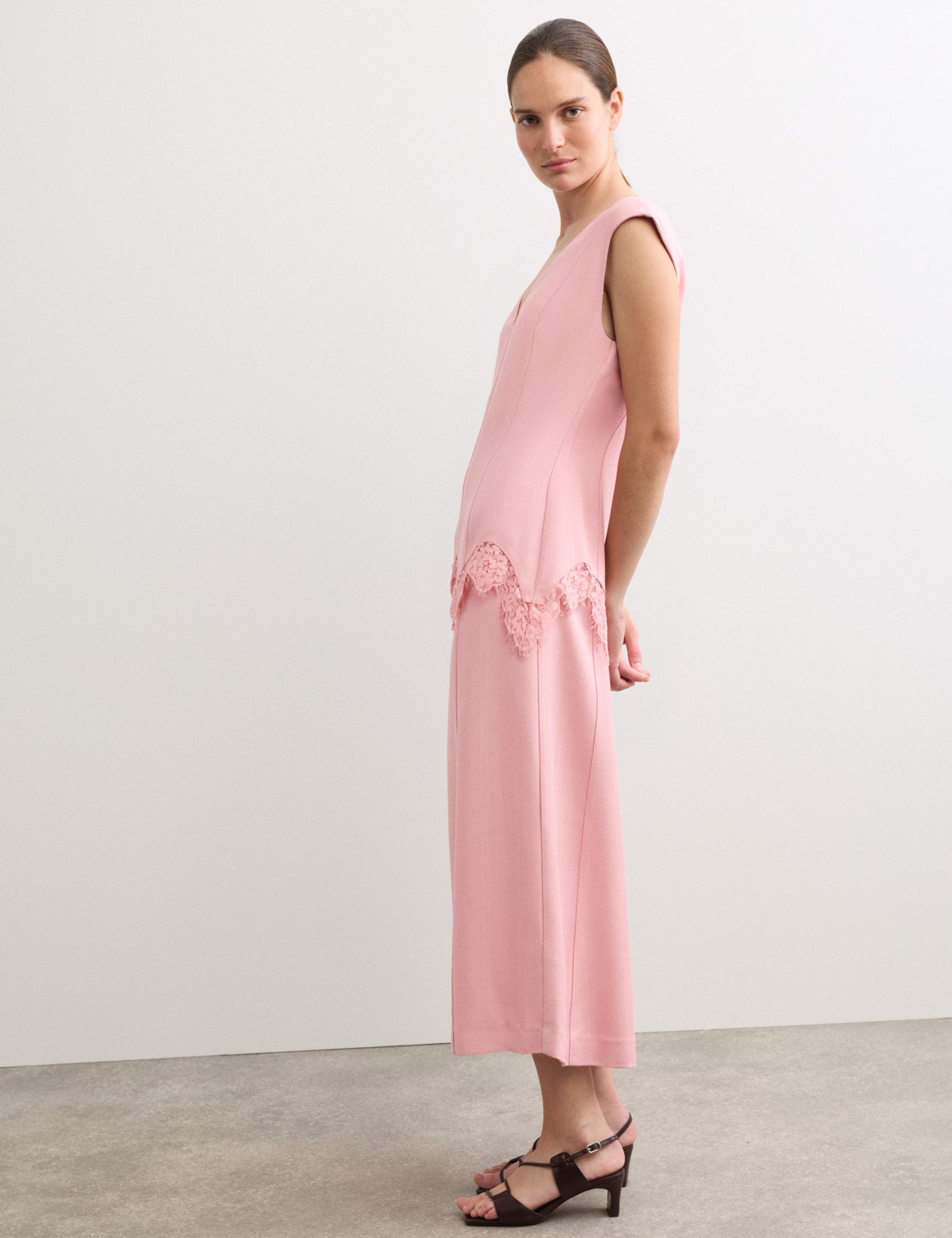 V-Neck Lace Insert Midi Column Dress 7 of 8